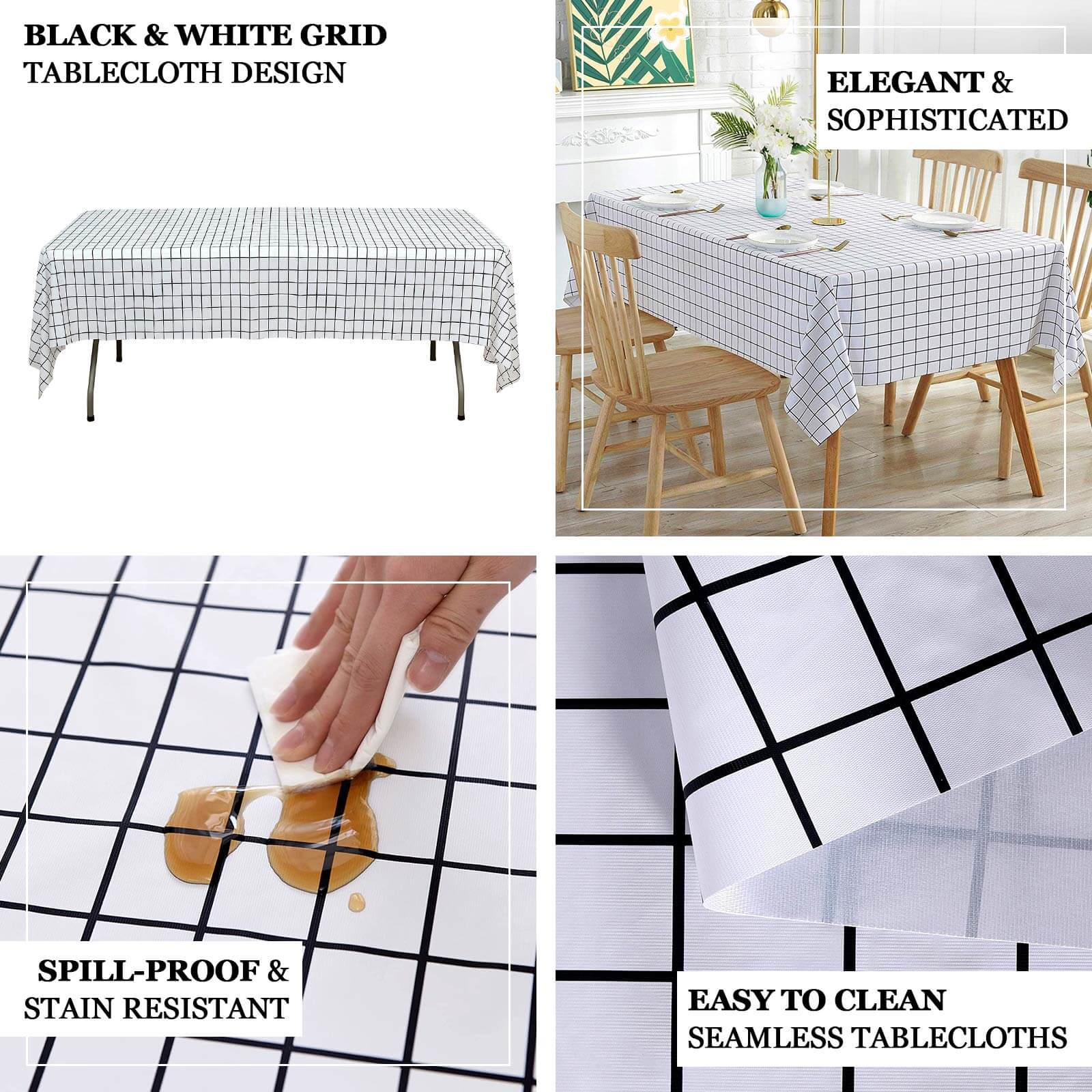 5-Pack Plastic Table Covers 54"x108" Black/White Grid Rectangle - Checkered PVC Waterproof Disposable Covers - Image 4