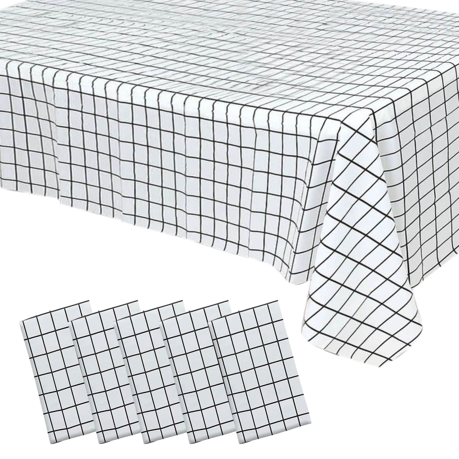 5-Pack Plastic Table Covers 54"x108" Black/White Grid Rectangle - Checkered PVC Waterproof Disposable Covers - Image 6