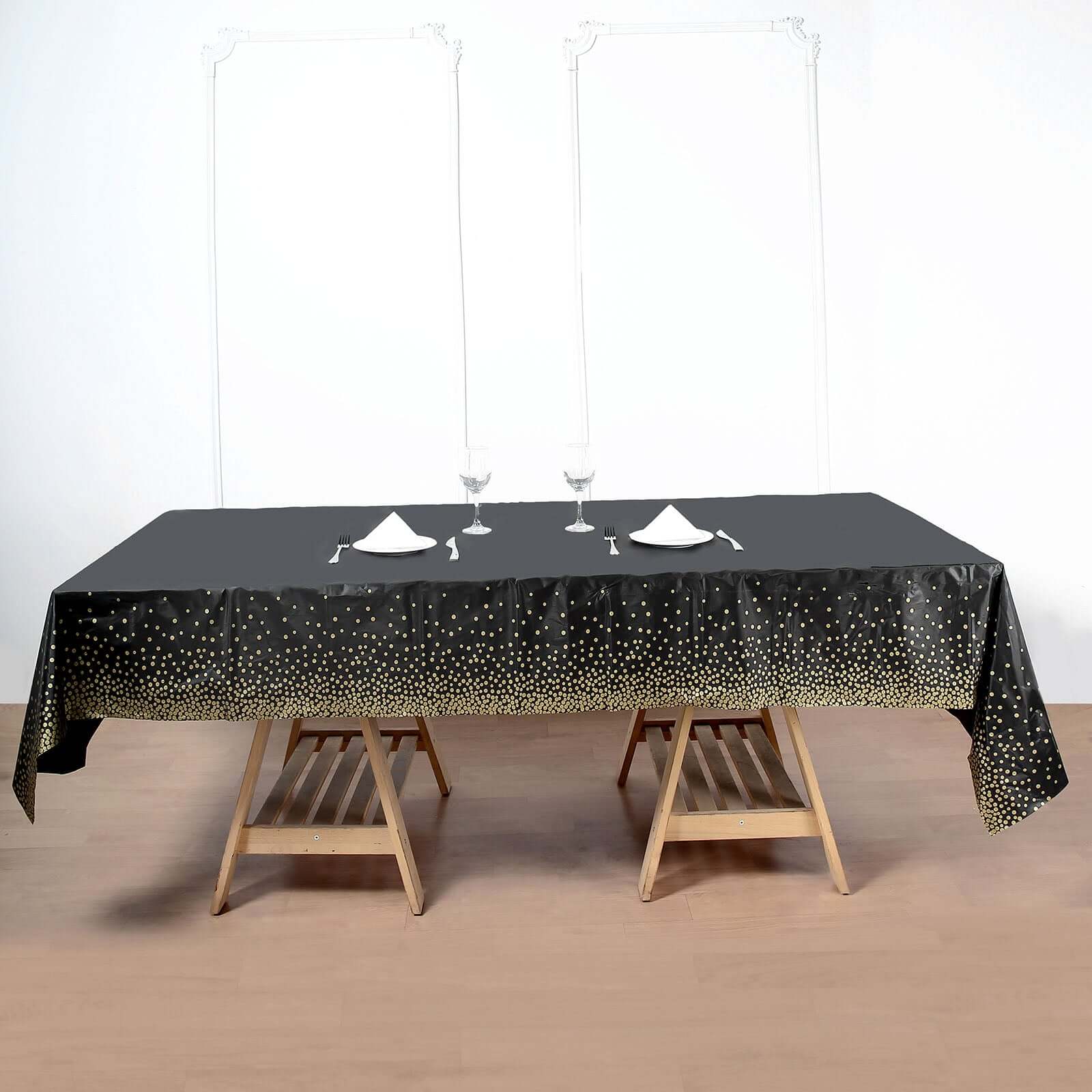 5-Pack Plastic Table Covers 54"x108" Black Rectangle with Gold Confetti Dots - PVC Waterproof Disposable Covers - Image 13