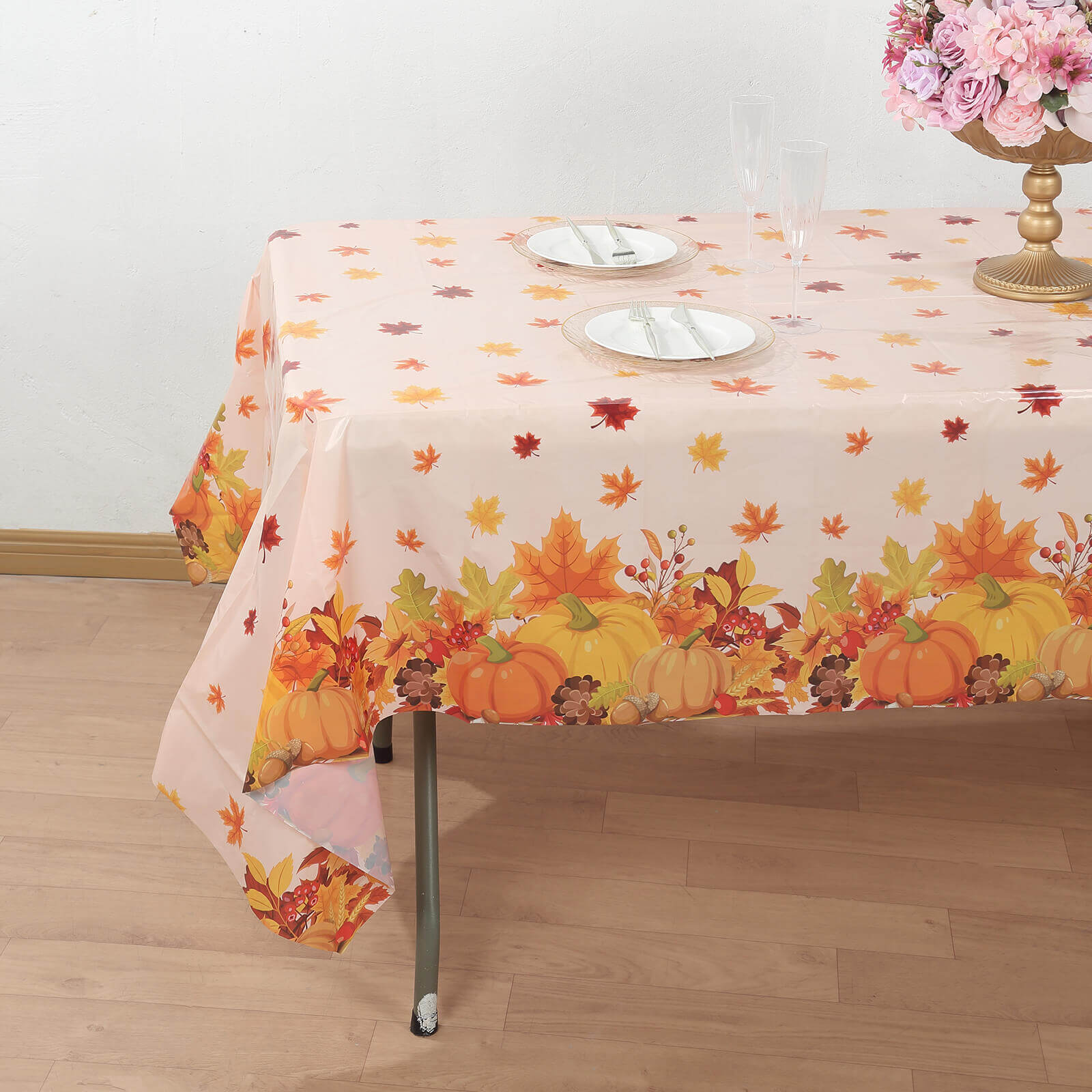 5-Pack Plastic Tablecloths 54"x108" Orange Thanksgiving Rectangle with Fall Leaves Pumpkin Print - PVC Waterproof Disposable Covers - Image 2