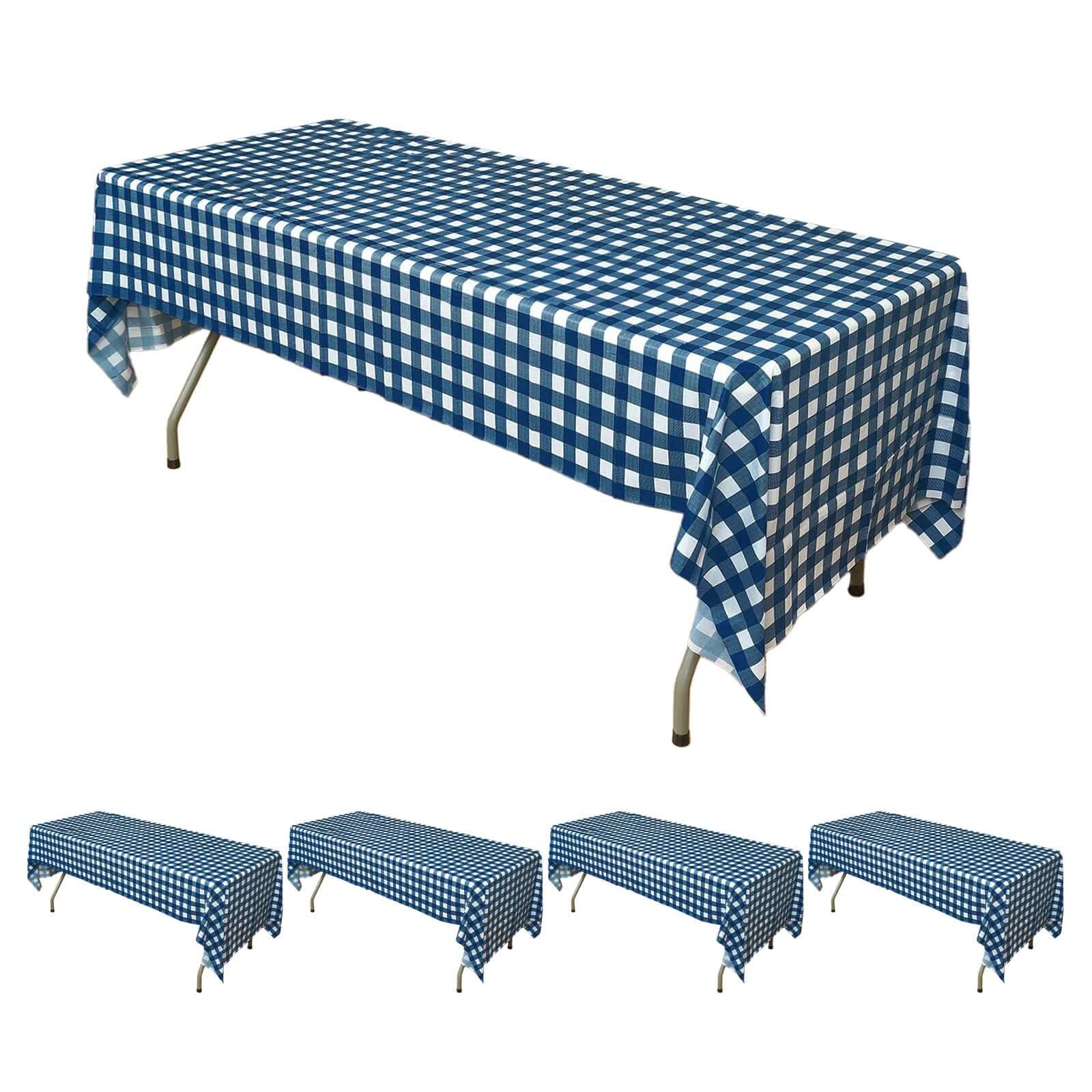 5-Pack Plastic Table Covers 54"x108" Navy Blue Checkered Rectangle - PVC Waterproof Disposable Tablecloths