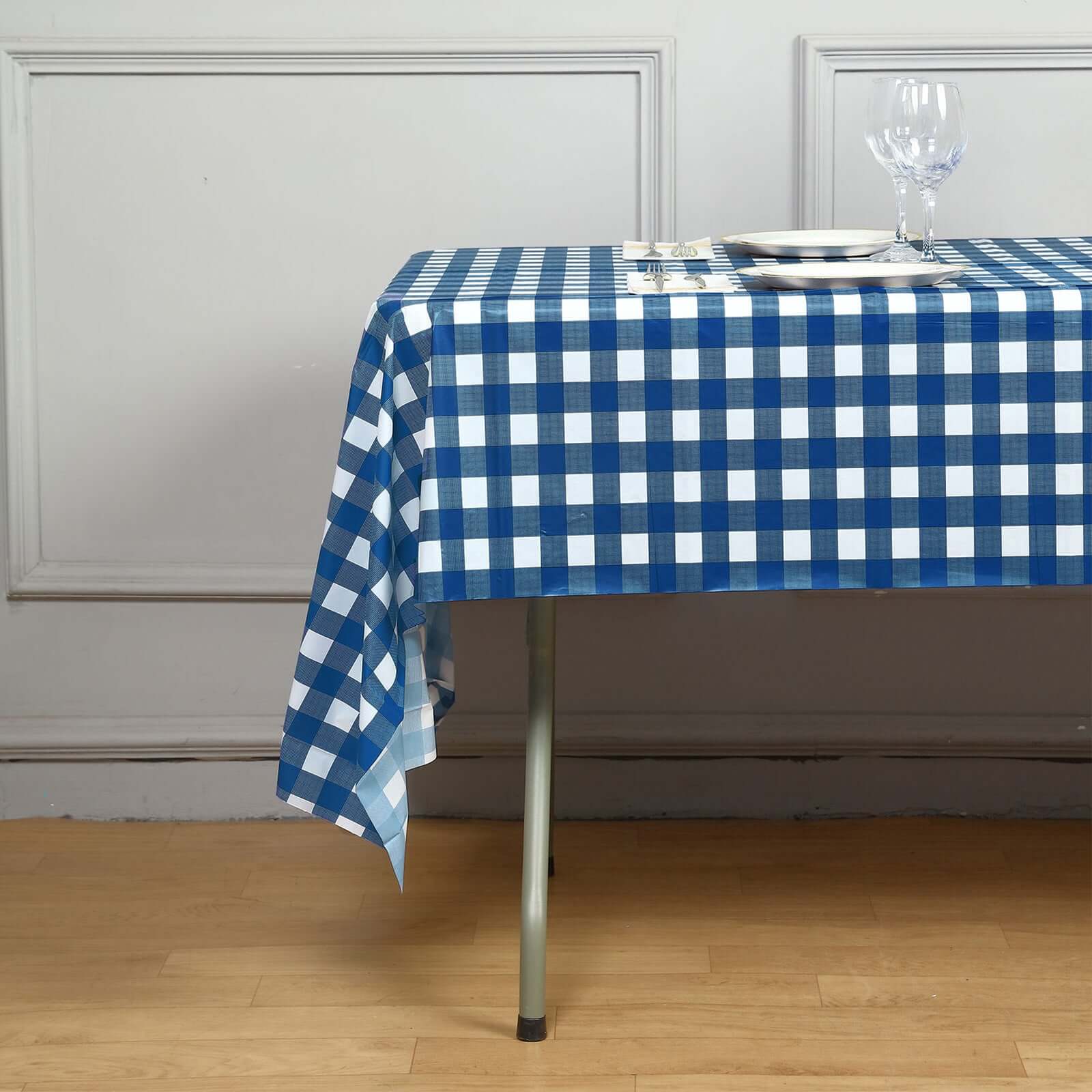 5-Pack Plastic Table Covers 54"x108" Navy Blue Checkered Rectangle - PVC Waterproof Disposable Tablecloths - Image 3