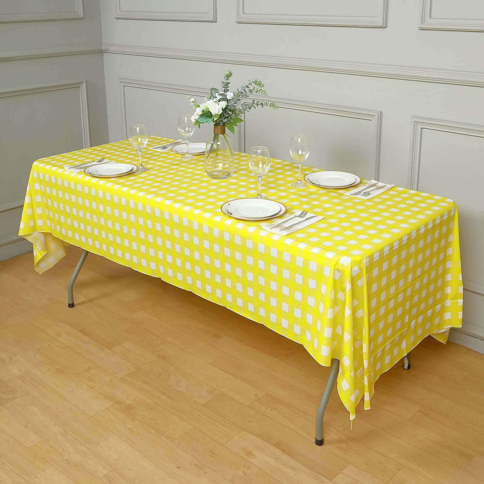 Plastic Table Cover 54"x108" White/Yellow Checkered Rectangle - PVC Waterproof Disposable Cover - Image 10