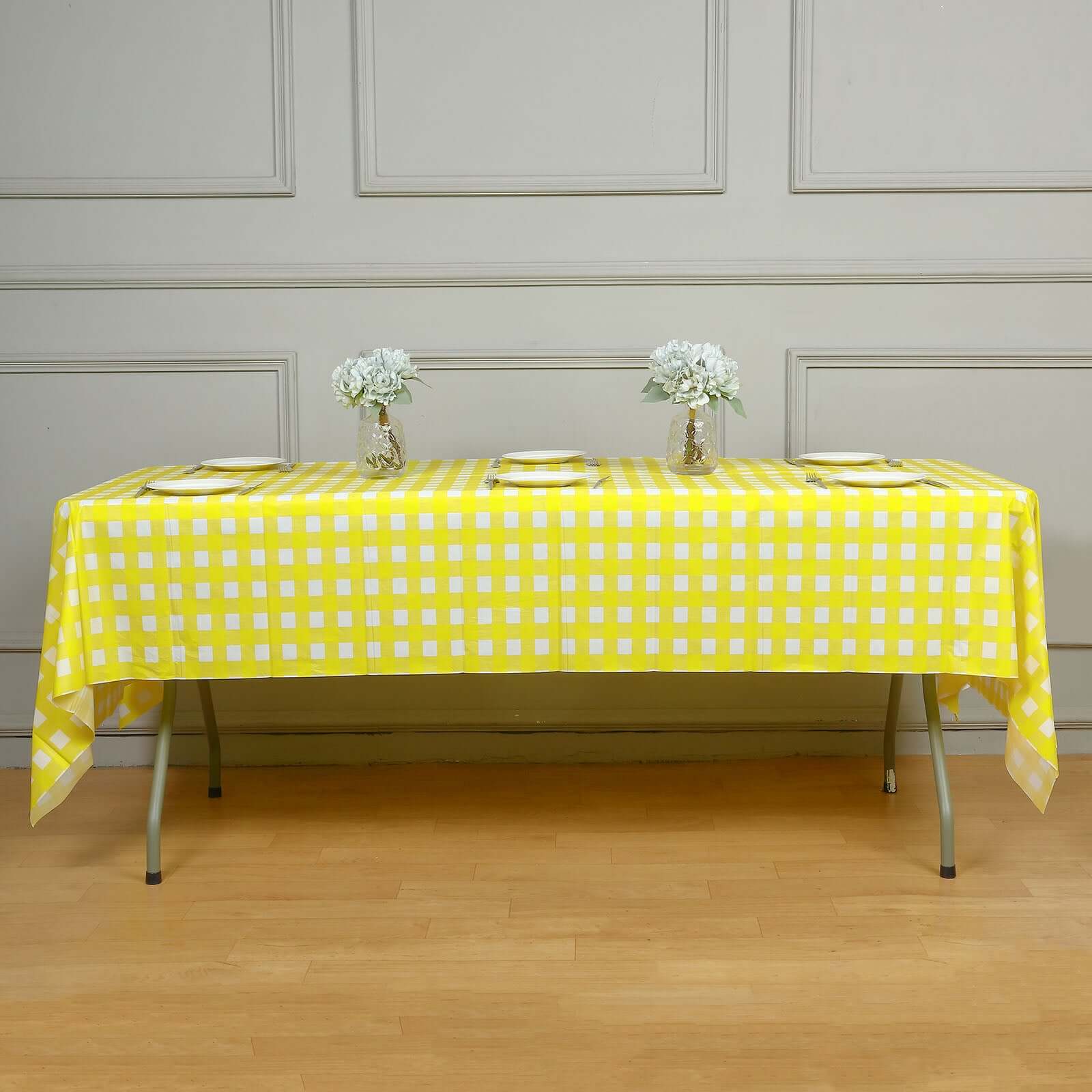 Plastic Table Cover 54"x108" White/Yellow Checkered Rectangle - PVC Waterproof Disposable Cover - Image 6