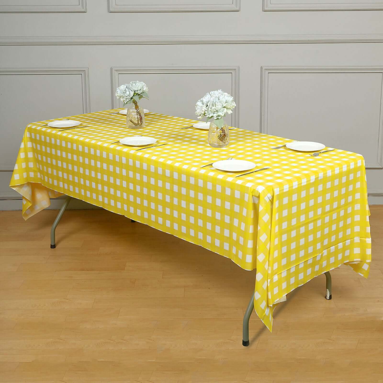 Plastic Table Cover 54"x108" White/Yellow Checkered Rectangle - PVC Waterproof Disposable Cover - Image 8