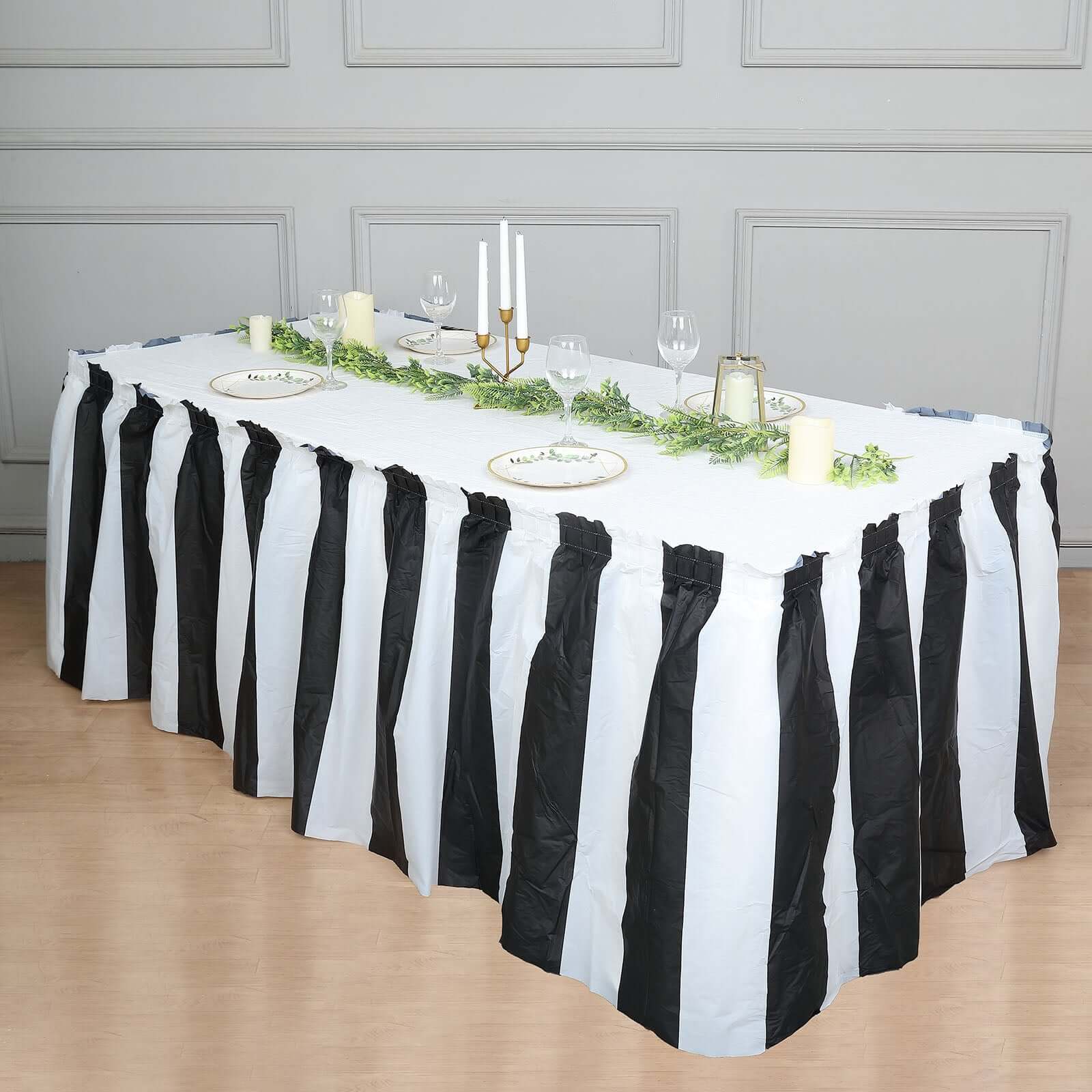 Plastic Table Skirt 14ft White/Black Stripe - Spill Proof Disposable Skirt 10 Mil - Image 6
