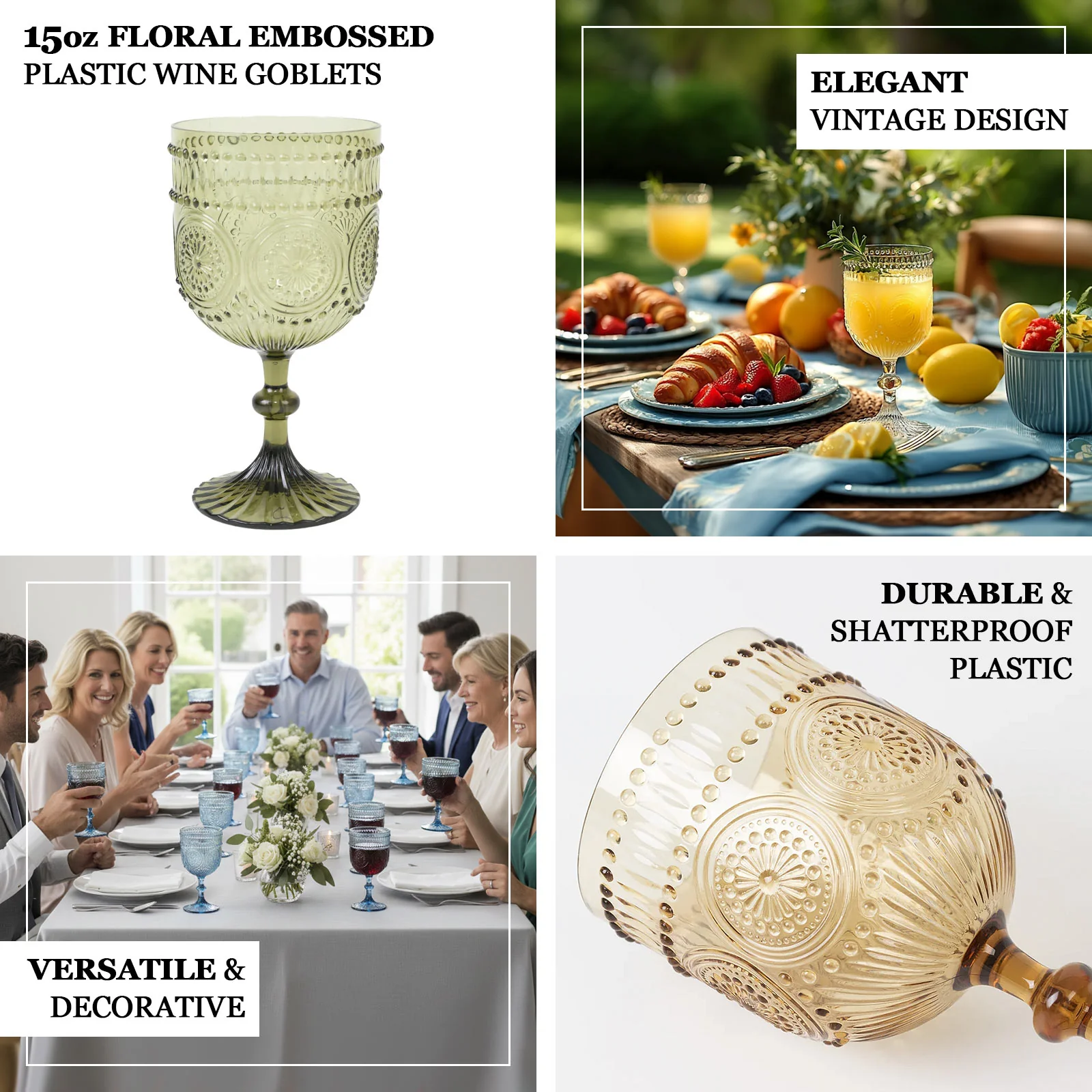 12 Pack Plastic Wine Goblets, 15oz Reusable Shatterproof Dusty Blue Vintage Drinkware – Embossed Floral Pattern Decorative Cups - Image 4