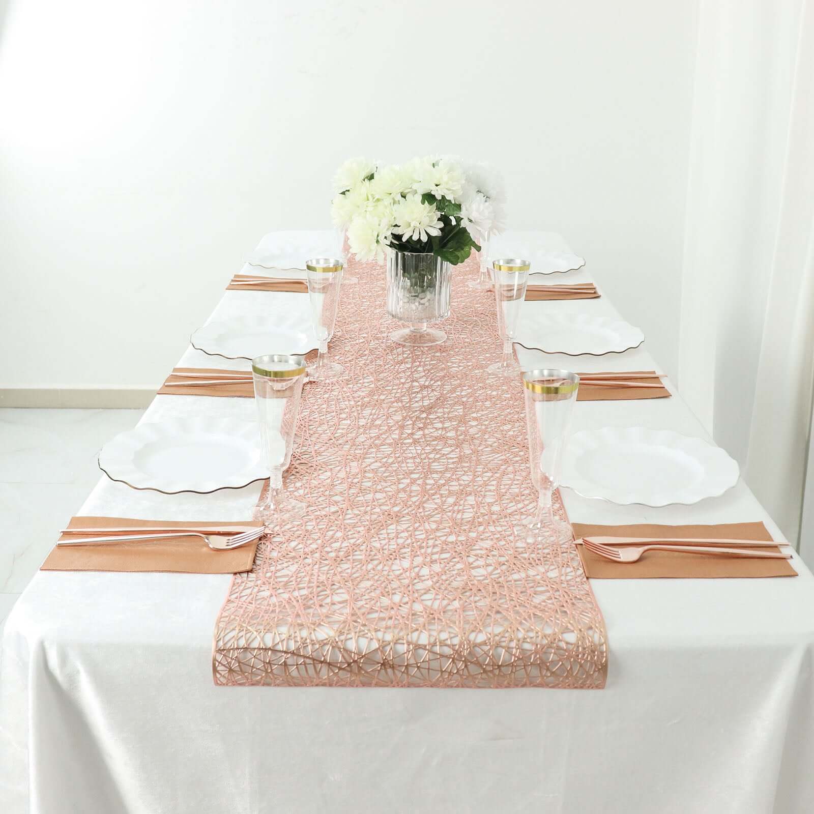 Plastic Woven Vinyl Table Runner 13"x6ft Metallic Rose Gold - Non-Slip & Reversible Table Decor - Image 11