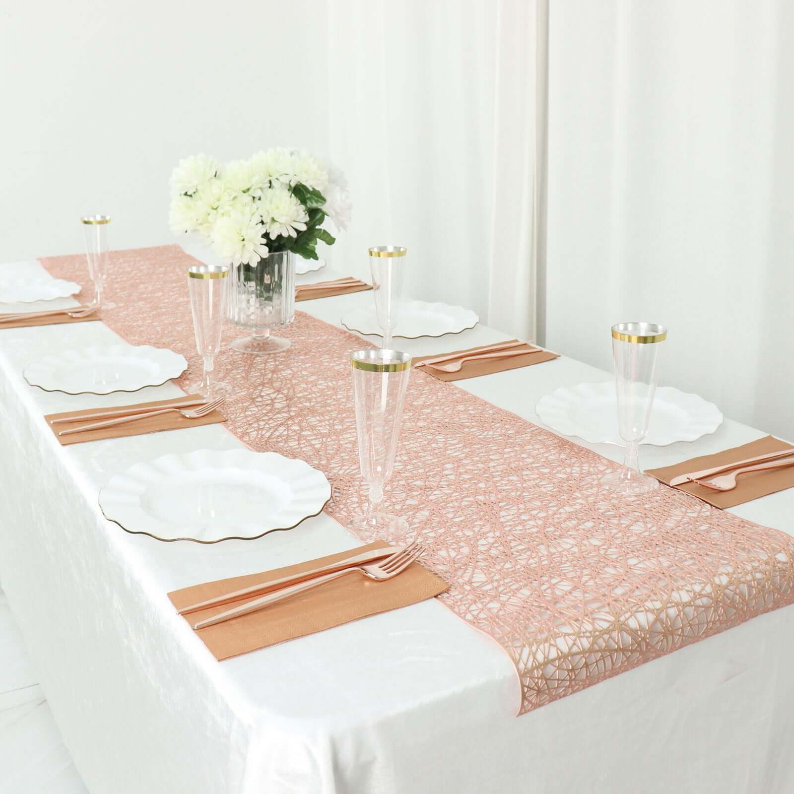 Plastic Woven Vinyl Table Runner 13"x6ft Metallic Rose Gold - Non-Slip & Reversible Table Decor - Image 3
