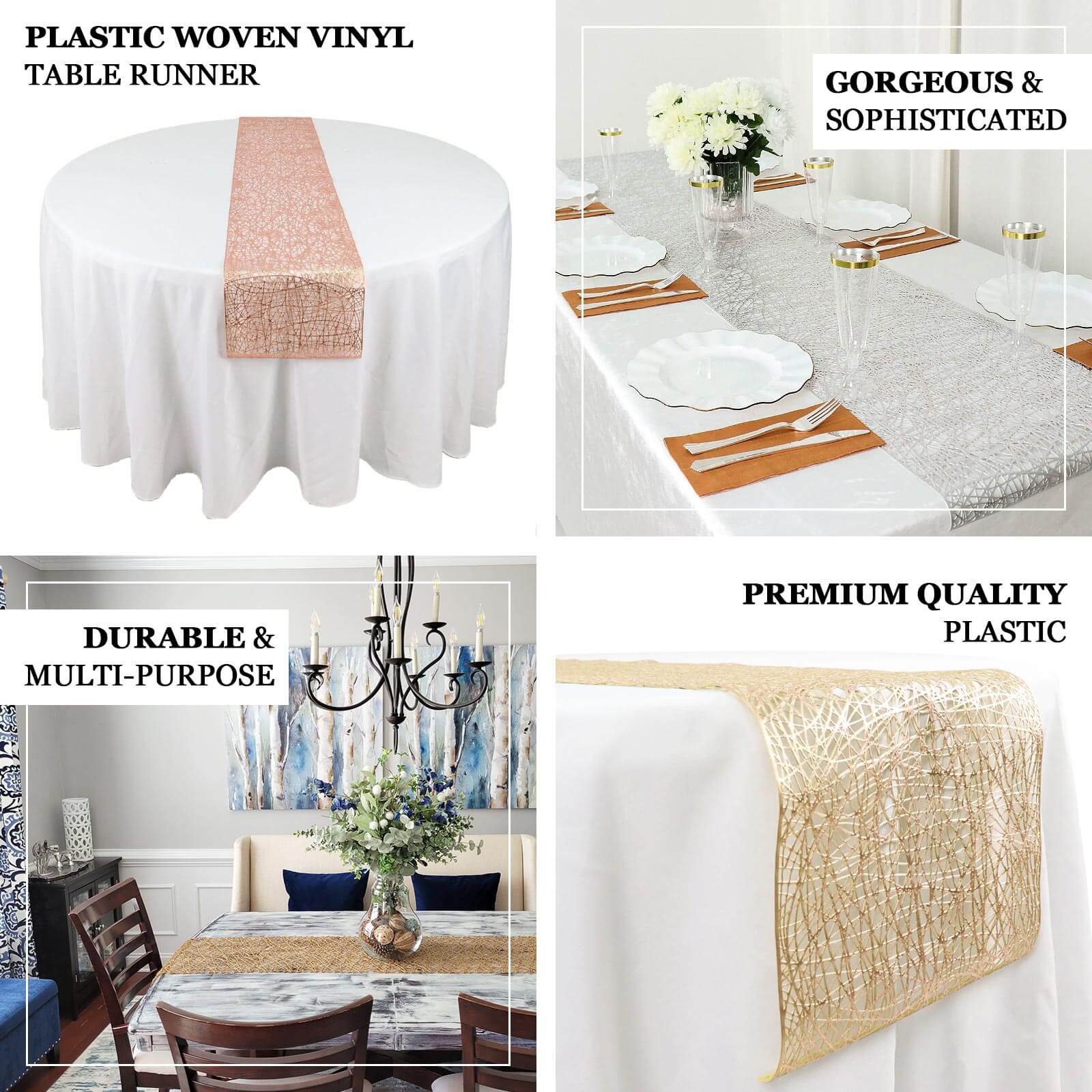 Plastic Woven Vinyl Table Runner 13"x6ft Metallic Rose Gold - Non-Slip & Reversible Table Decor - Image 4