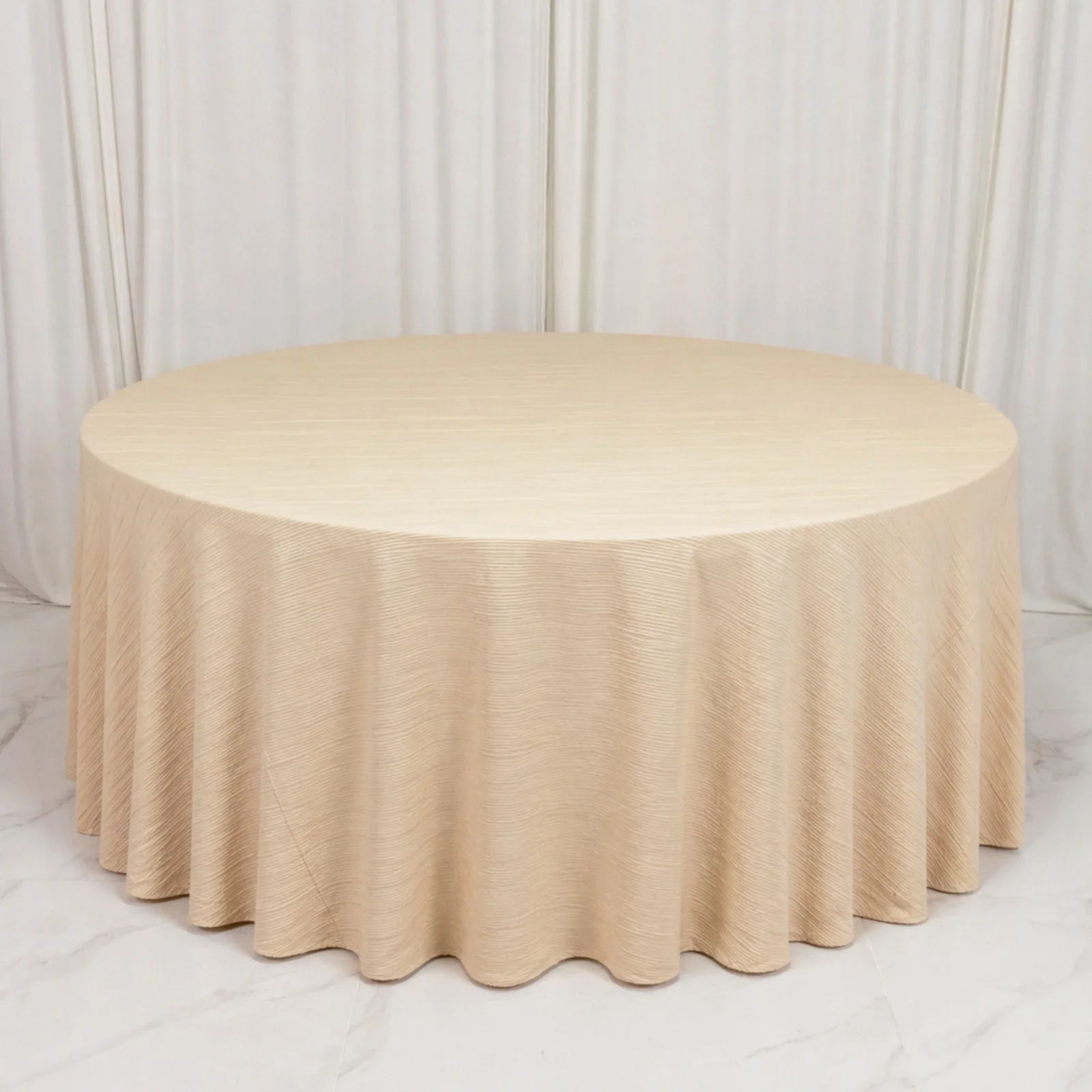 Scuba Tablecloth 120" Round Beige Accordion Pleated – Wrinkle Free & Stain Resistant Textured Table Linen