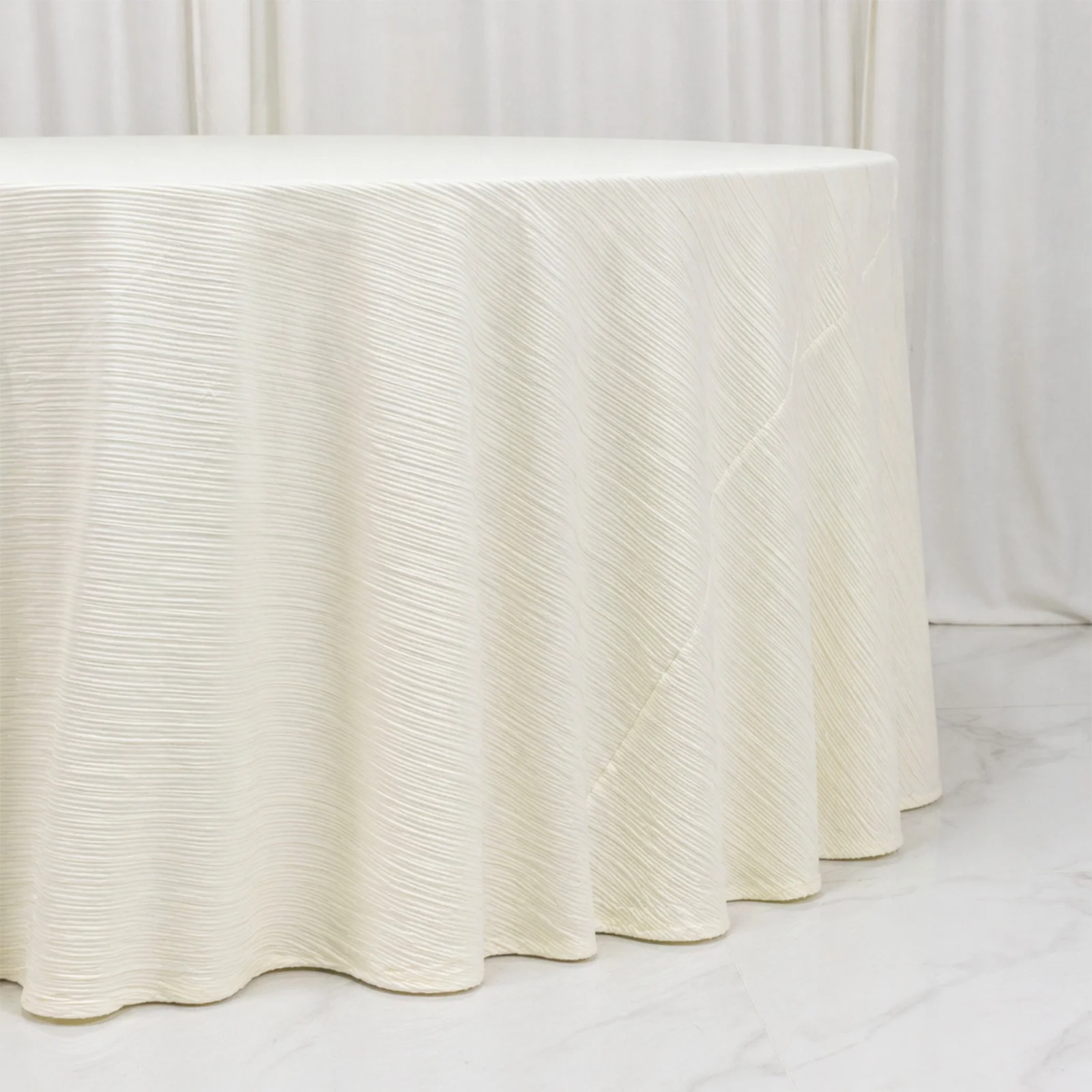 Scuba Tablecloth 120" Round Ivory Accordion Pleated – Wrinkle Free & Stain Resistant Textured Table Linen - Image 3