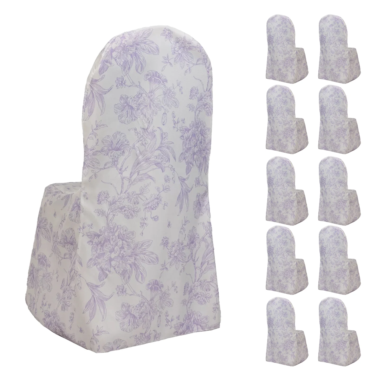 10 Pack Polyester Banquet Chair Covers – White Lavender Lilac French Toile Pattern, Reusable Stain-Resistant Slip-On Slipcovers - Image 3