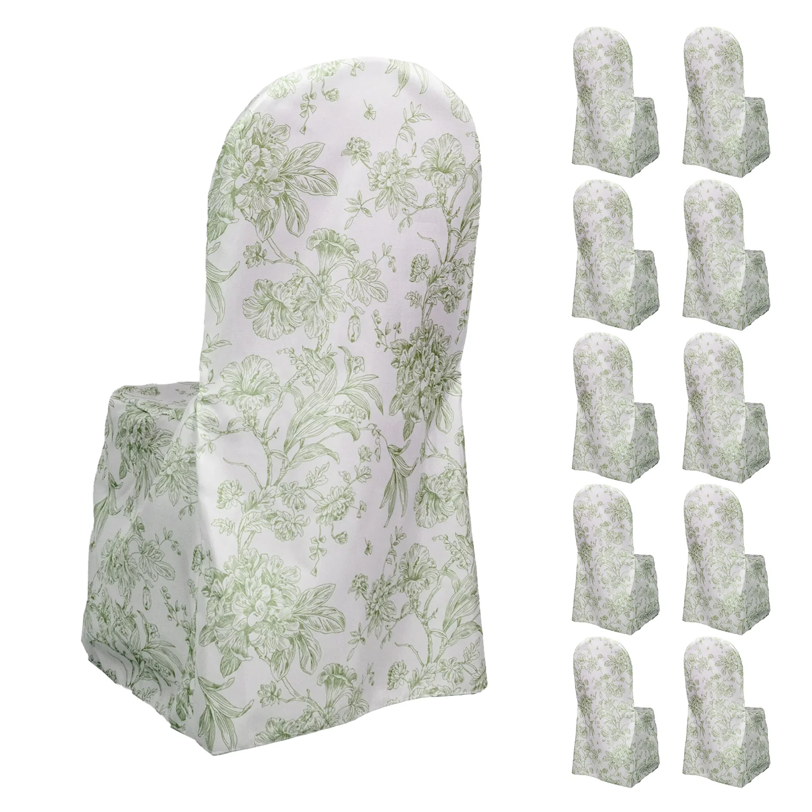 10 Pack Polyester Banquet Chair Covers – White Dusty Sage Green French Toile Pattern, Reusable Stain-Resistant Slip-On Slipcovers - Image 3