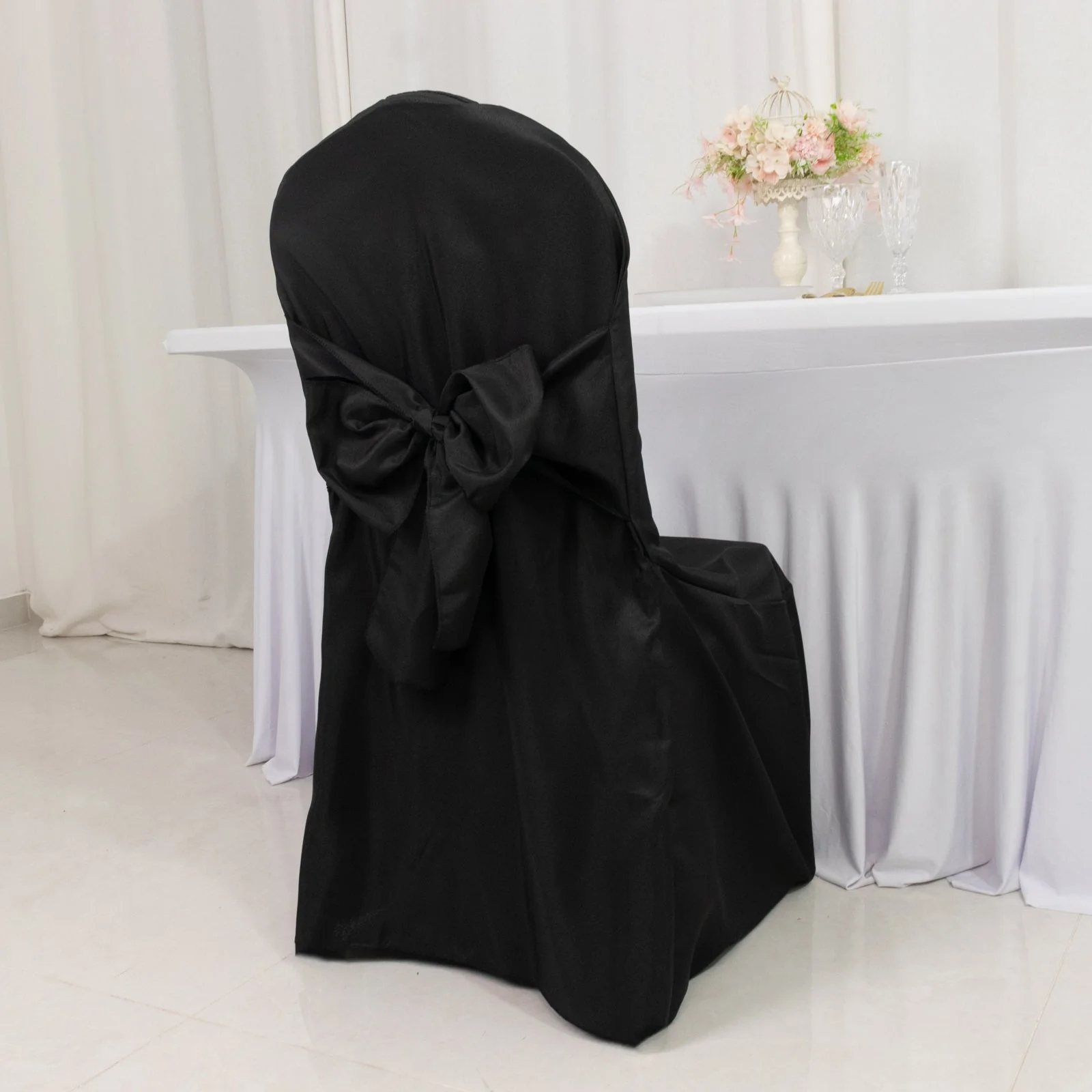 10-Pack Polyester Banquet Chair Covers with Attached Sashes – Black Reusable Stain-Resistant Slip-On Covers for Wedding & Event Decor - Image 4