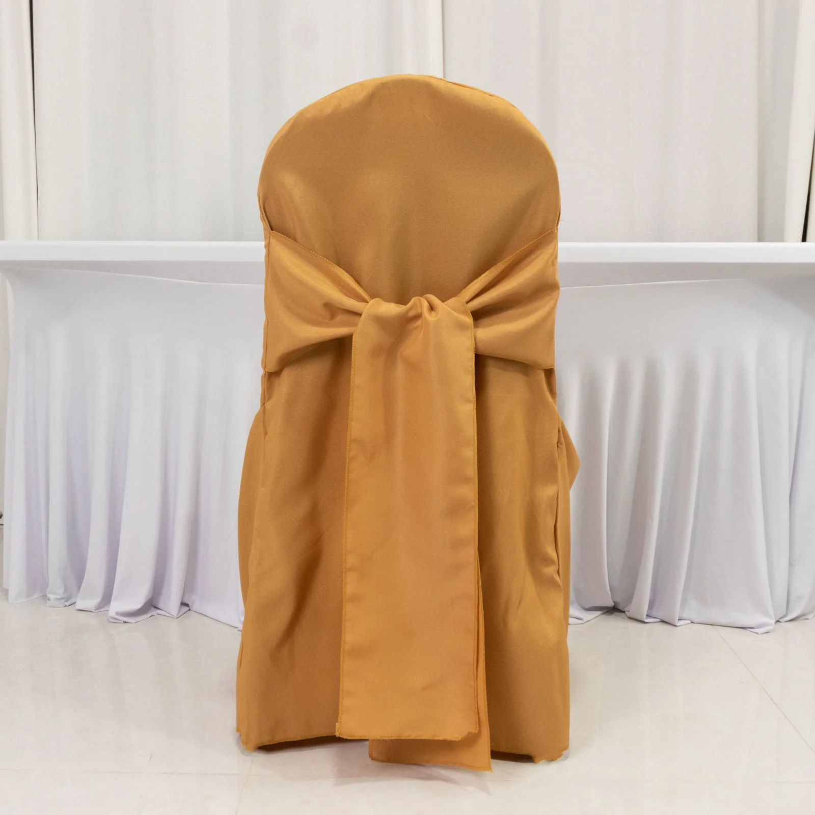 10-Pack Polyester Banquet Chair Covers with Attached Sashes – Gold Reusable Stain-Resistant Slip-On Covers for Wedding & Event Decor - Image 5