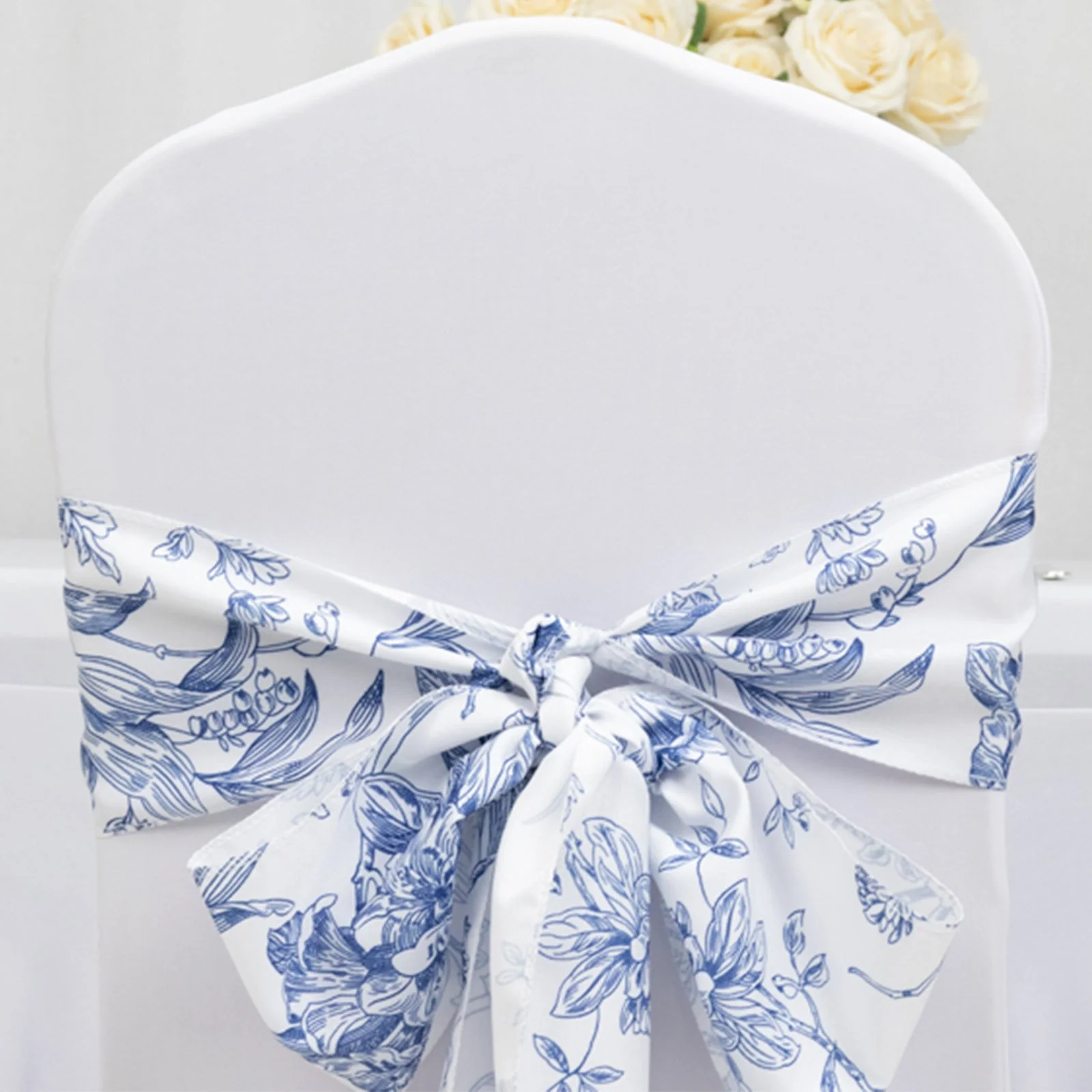 Polyester Chair Sashes 6"x108" White/Blue French Toile Floral Design - Durable & Reusable Chair Bows for Classy Event Styling - Image 2