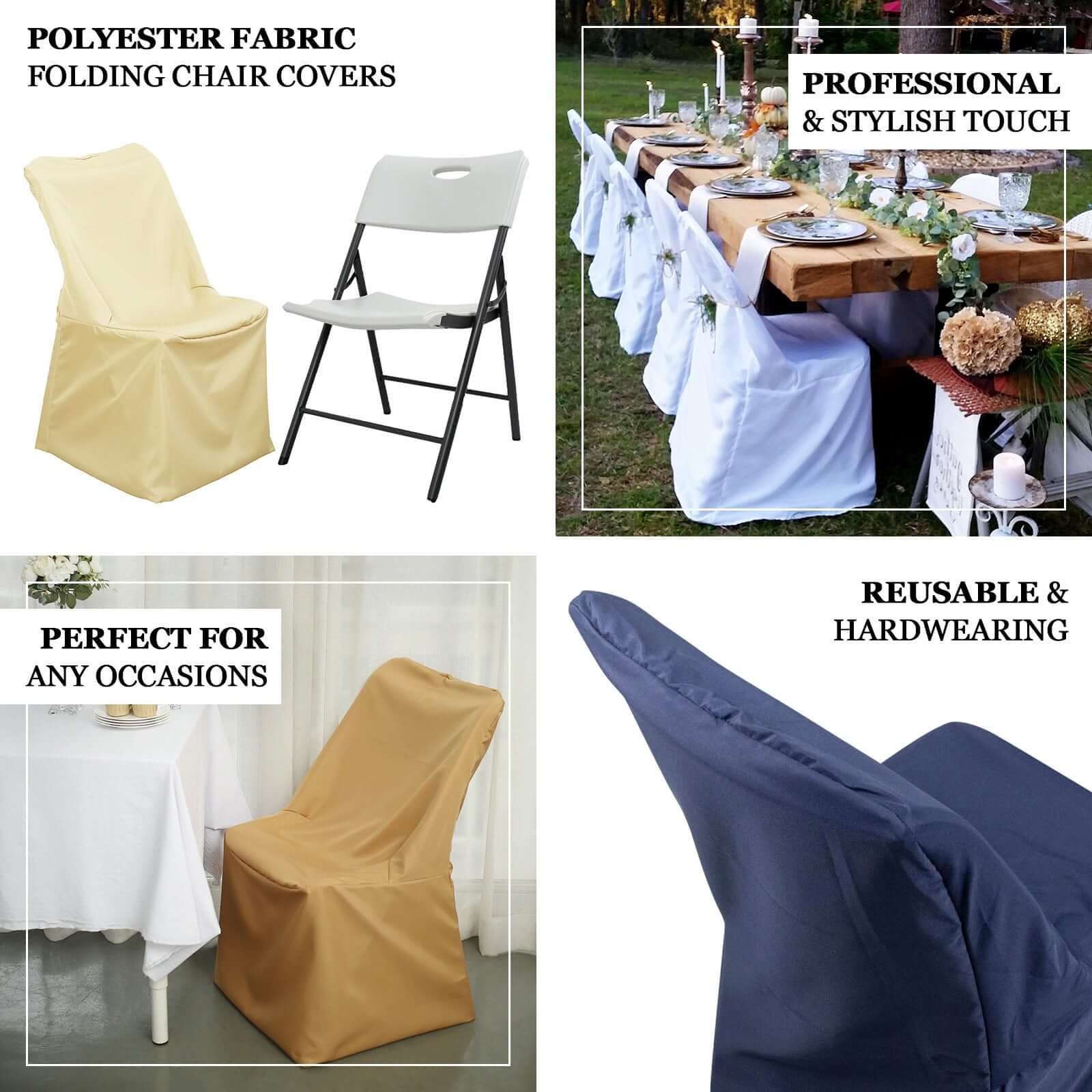 Polyester Folding Chair Cover Gold for Lifetime Chairs - Durable Reusable Slip-On Design for Events - Image 4