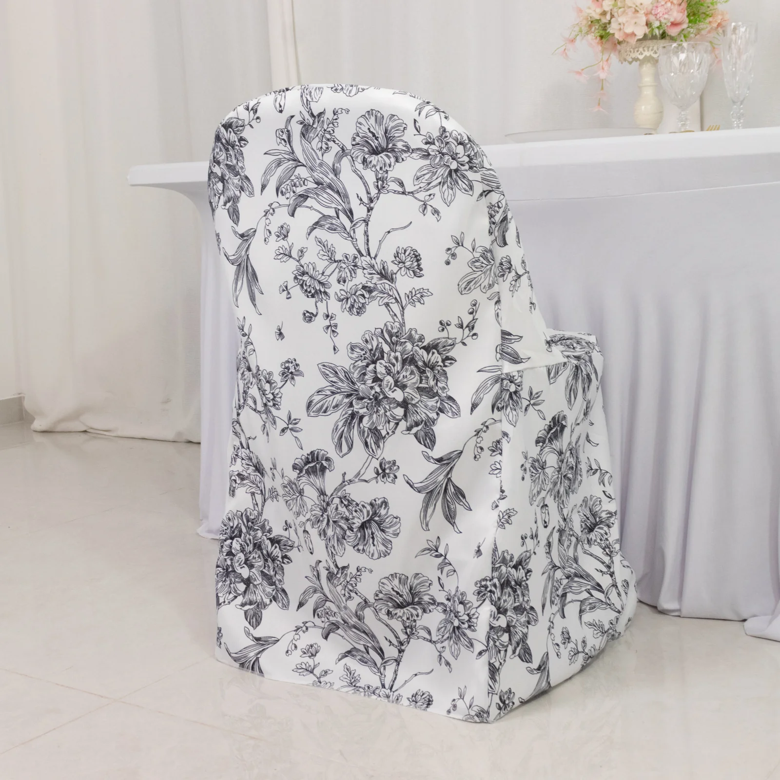 10 Pack Polyester Folding Chair Covers – White Black French Toile Pattern, Reusable Stain-Resistant Slip-On Slipcovers - Image 4
