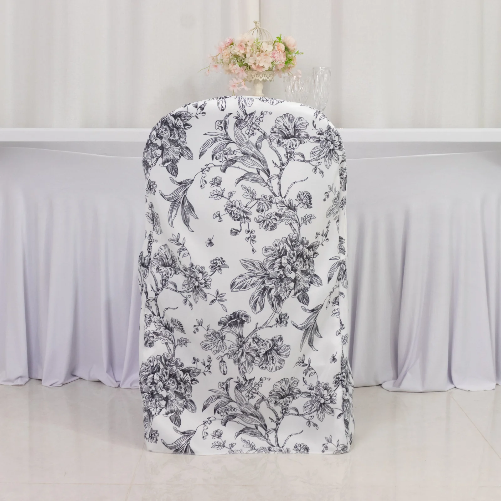 10 Pack Polyester Folding Chair Covers – White Black French Toile Pattern, Reusable Stain-Resistant Slip-On Slipcovers - Image 5