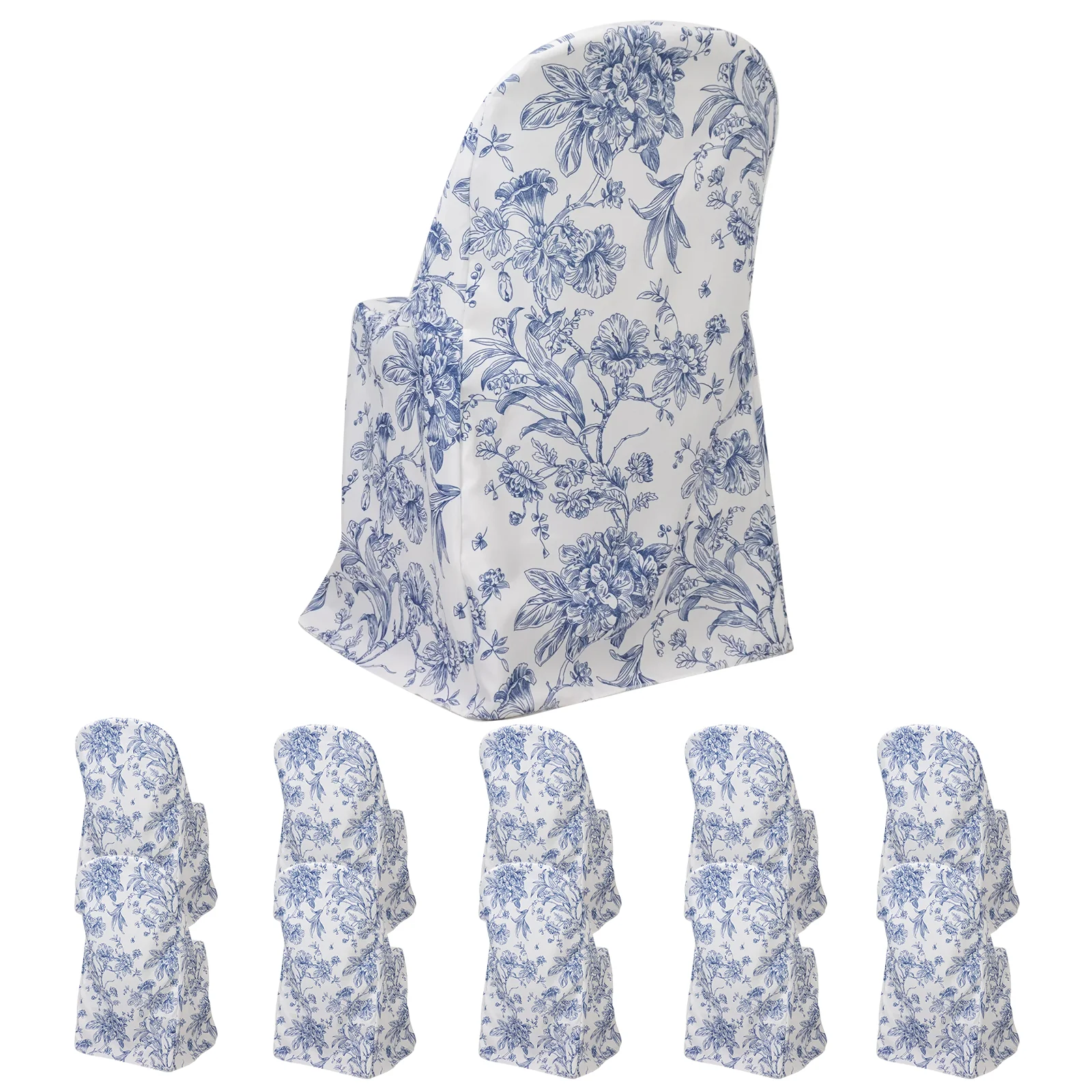 10 Pack Polyester Folding Chair Covers – White Blue French Toile Pattern, Reusable Stain-Resistant Slip-On Slipcovers
