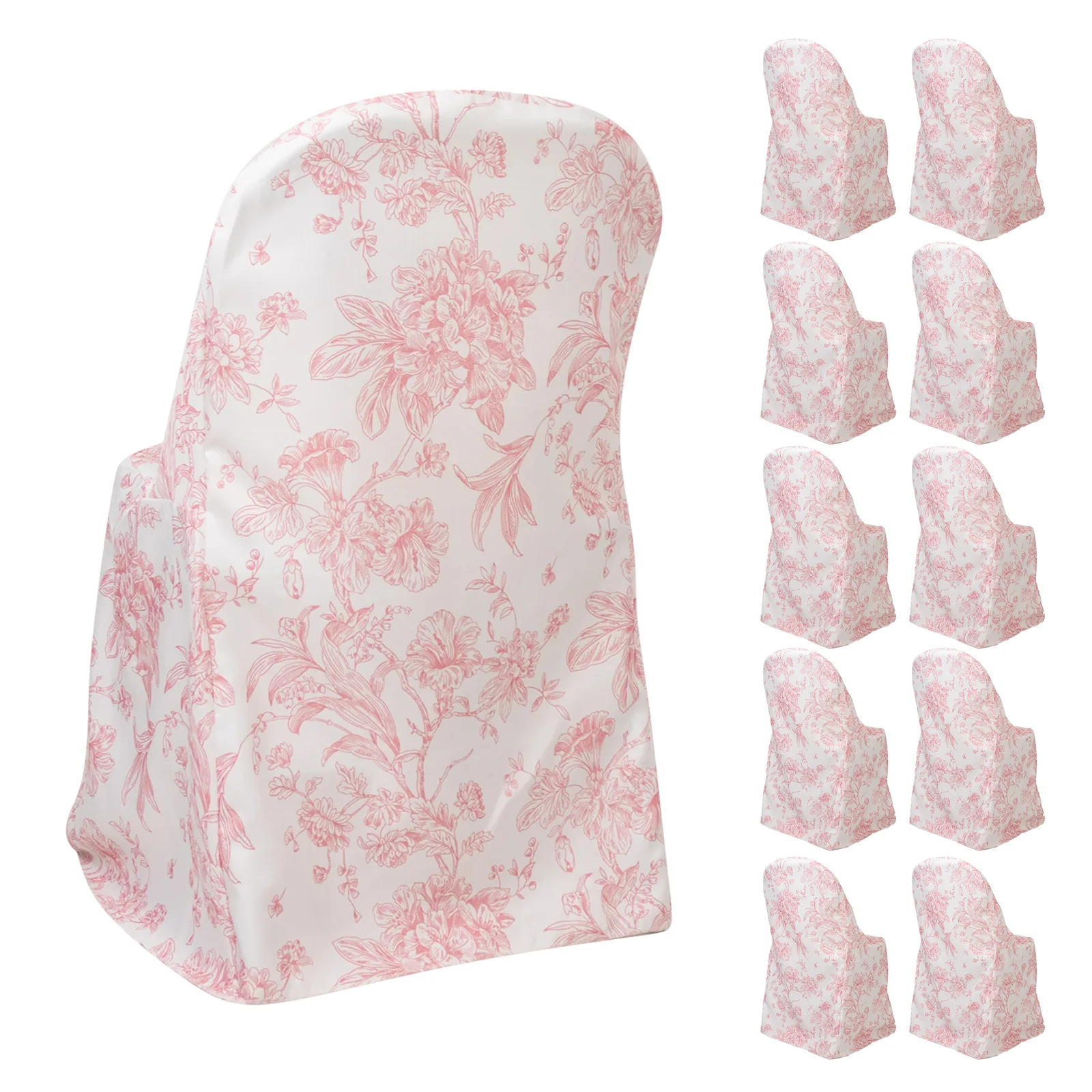 10 Pack Polyester Folding Chair Covers – White Pink French Toile Pattern, Reusable Stain-Resistant Slip-On Slipcovers - Image 3