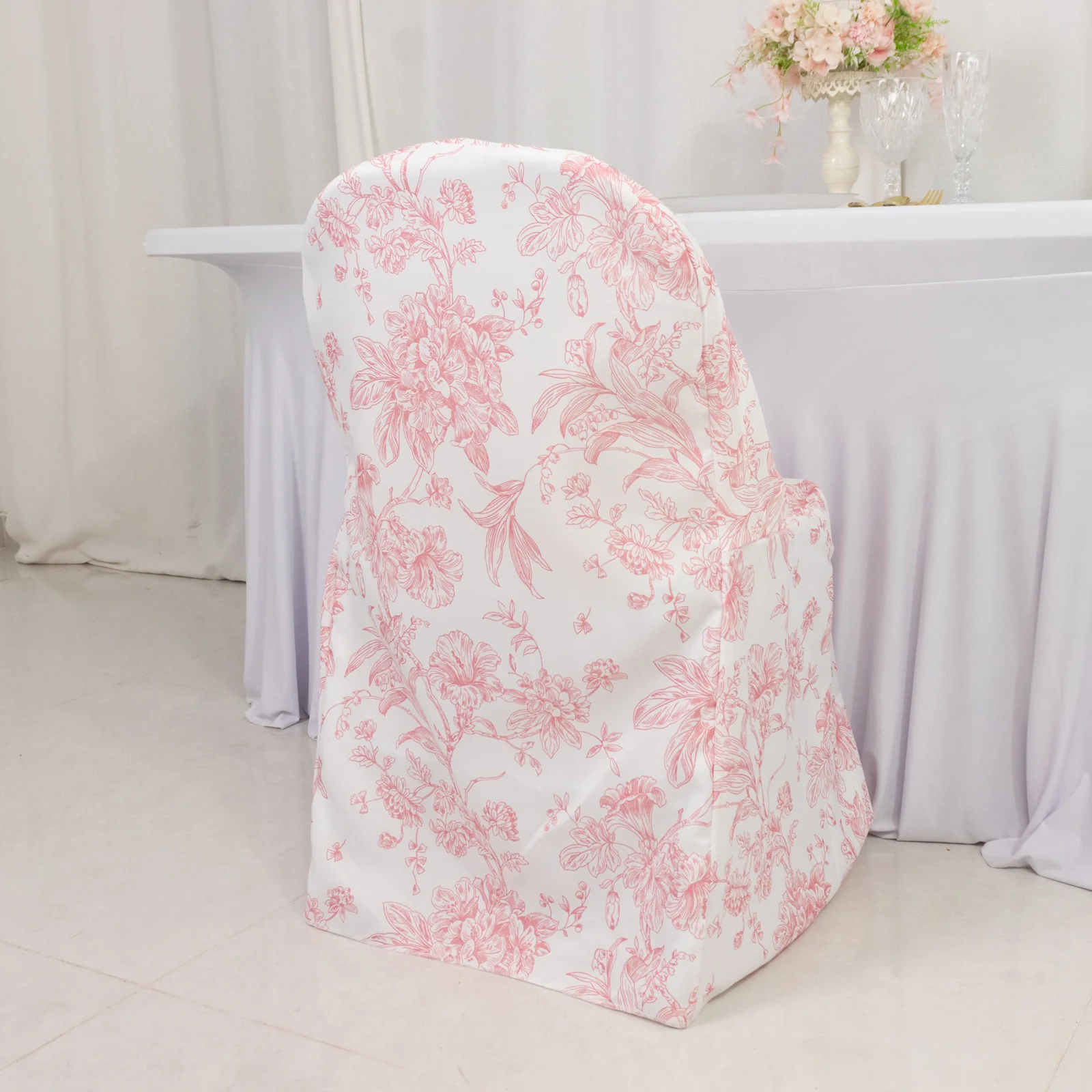 10 Pack Polyester Folding Chair Covers – White Pink French Toile Pattern, Reusable Stain-Resistant Slip-On Slipcovers - Image 4