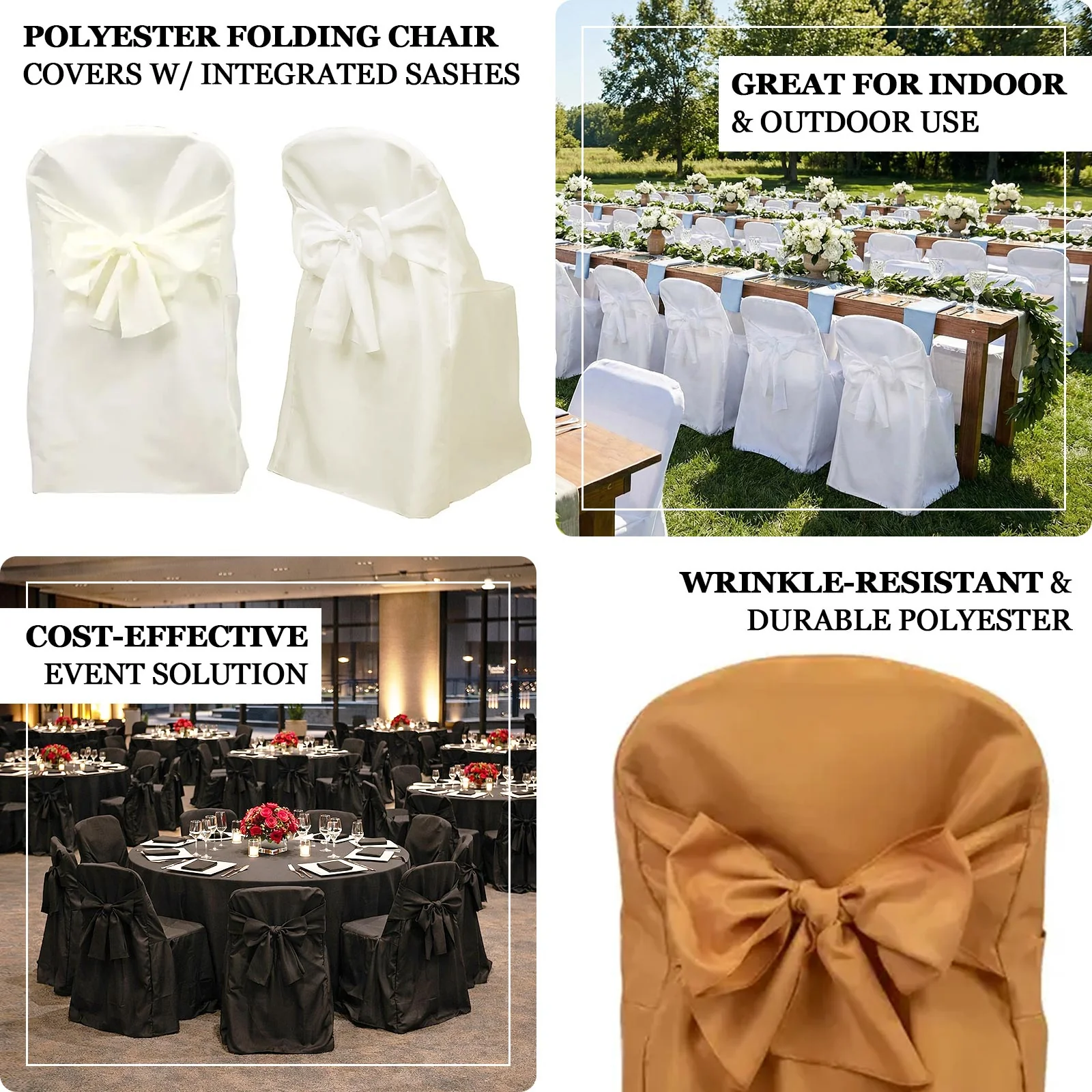 10-Pack Polyester Folding Chair Covers with Attached Sashes – White Durable Reusable Slip-On Covers for Wedding & Event Decor - Image 4