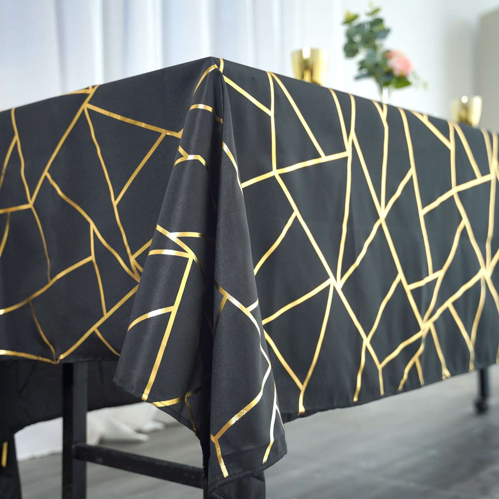 Polyester Rectangle Tablecloth 60"x102" Black with Gold Foil Geometric Pattern - Wrinkle-Resistant & Durable Table Cover - Image 3