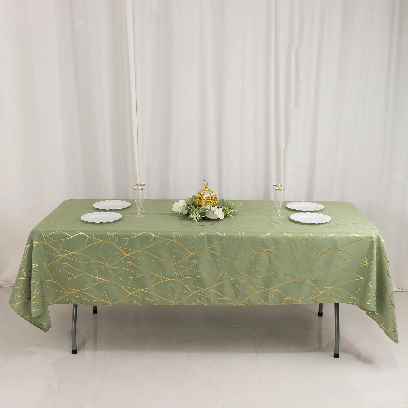 Polyester Rectangle Tablecloth 60"x102" Dusty Sage Green with Gold Foil Tree Branch Pattern - Wrinkle-Resistant & Durable - Image 6