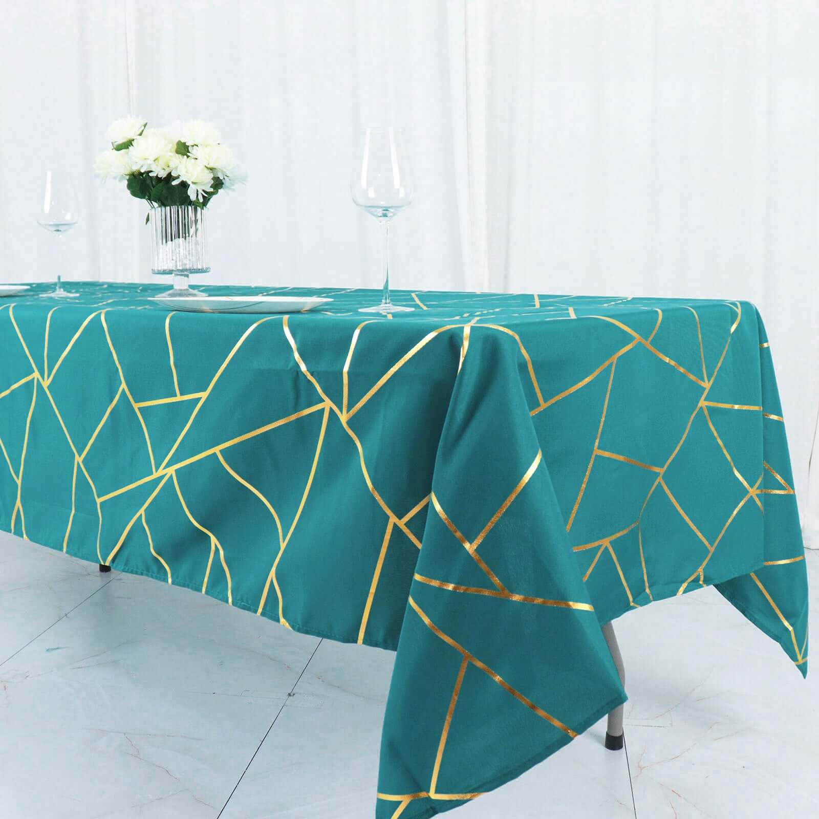 Polyester Rectangle Tablecloth 60"x102" Teal with Gold Foil Geometric Pattern - Wrinkle-Resistant & Durable Table Cover - Image 12