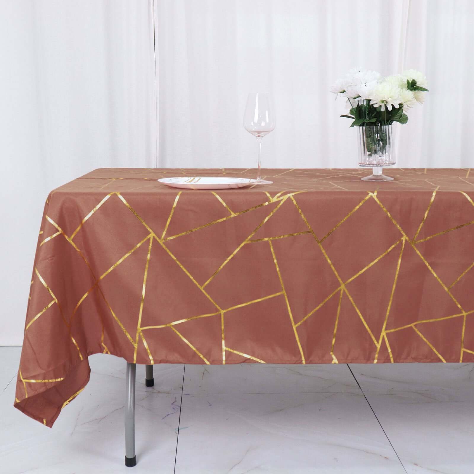 Polyester Rectangle Tablecloth 60"x102" Terracotta (Rust) with Gold Foil Geometric Pattern - Wrinkle-Resistant & Durable Table Cover - Image 2