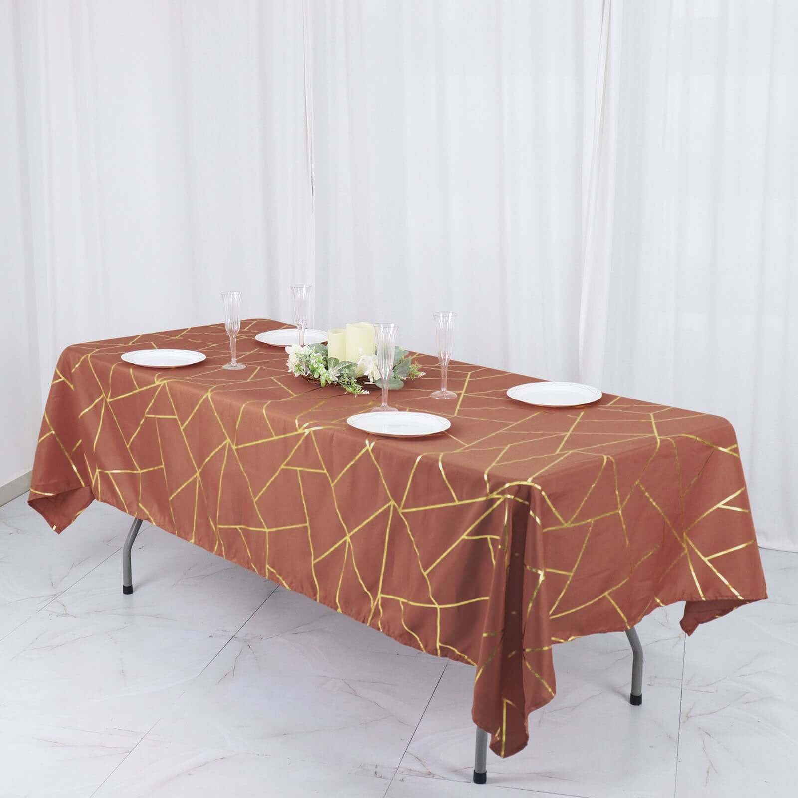 Polyester Rectangle Tablecloth 60"x102" Terracotta (Rust) with Gold Foil Geometric Pattern - Wrinkle-Resistant & Durable Table Cover - Image 3