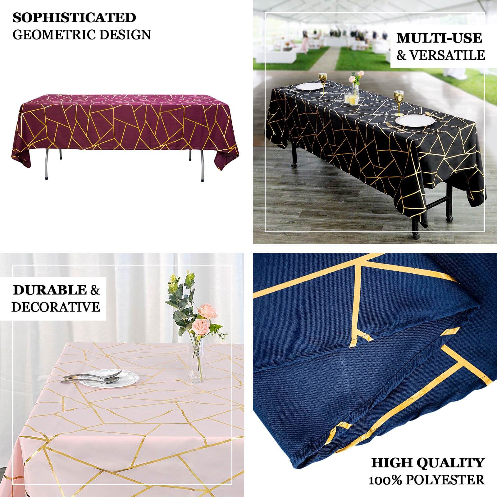 Polyester Rectangle Tablecloth 60"x102" Terracotta (Rust) with Gold Foil Geometric Pattern - Wrinkle-Resistant & Durable Table Cover - Image 4