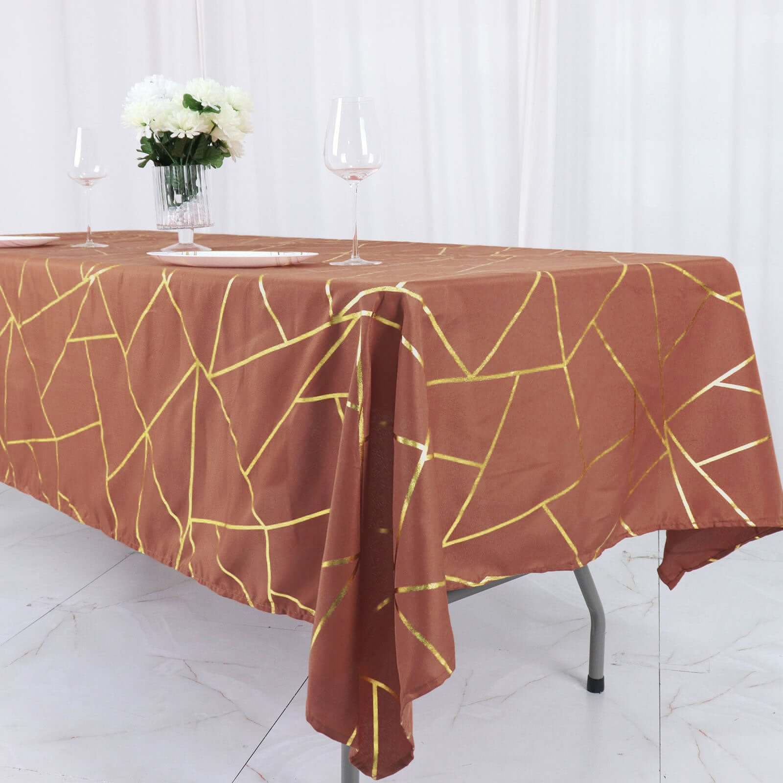 Polyester Rectangle Tablecloth 60"x102" Terracotta (Rust) with Gold Foil Geometric Pattern - Wrinkle-Resistant & Durable Table Cover - Image 9