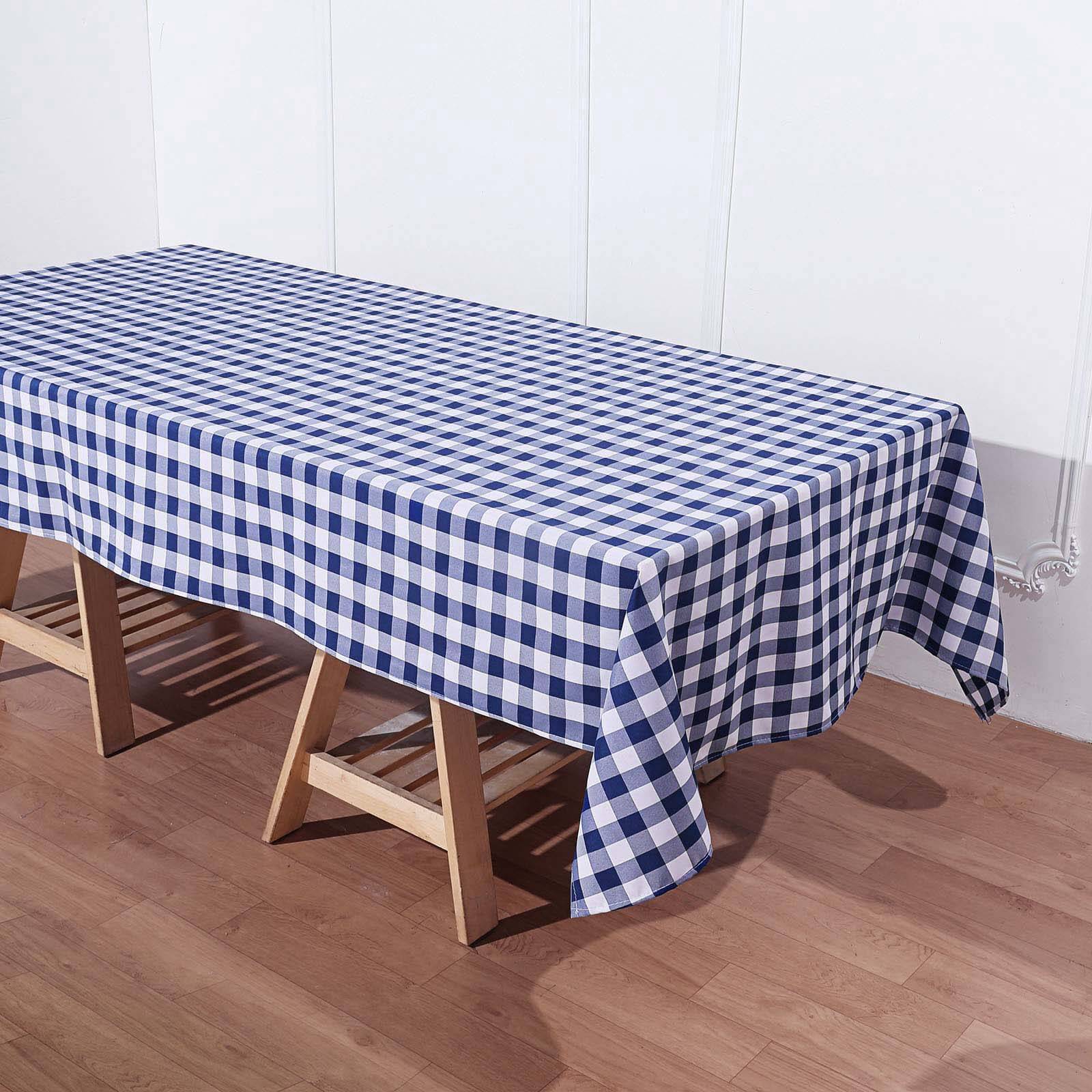 Polyester Rectangle Tablecloth 60"x102" White/Navy Blue Checkered Buffalo Plaid Table Cover - Image 3
