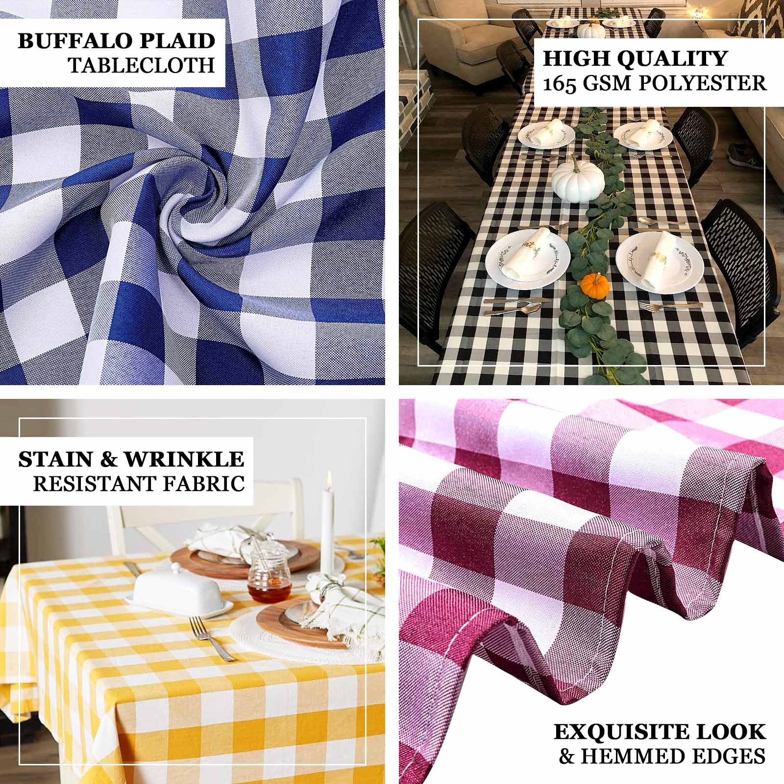Polyester Rectangle Tablecloth 60"x102" White/Navy Blue Checkered Buffalo Plaid Table Cover - Image 4