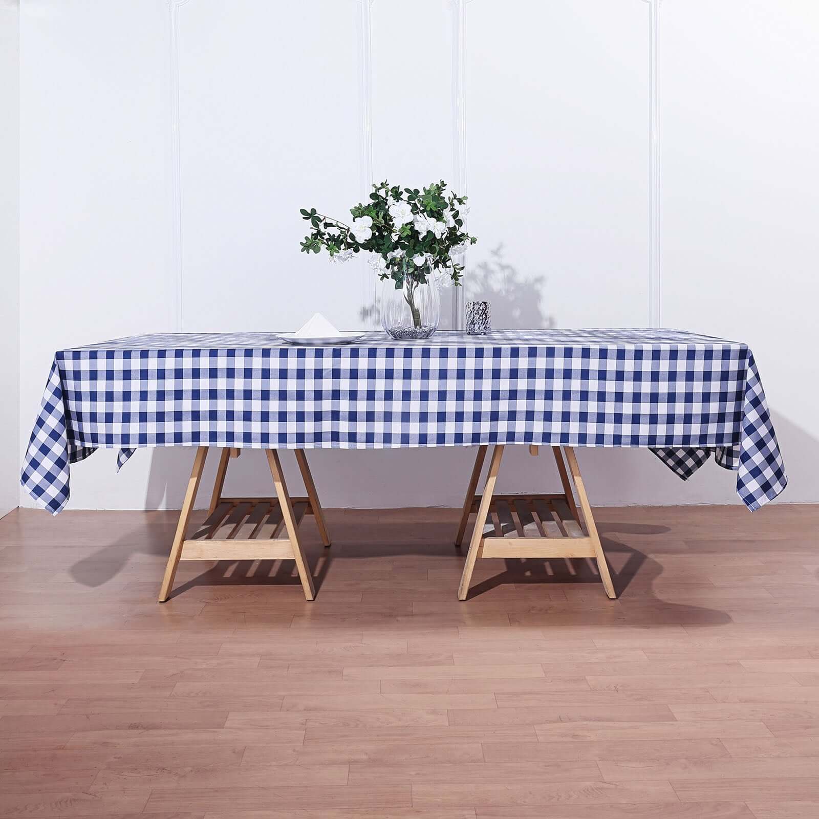 Polyester Rectangle Tablecloth 60"x102" White/Navy Blue Checkered Buffalo Plaid Table Cover - Image 6