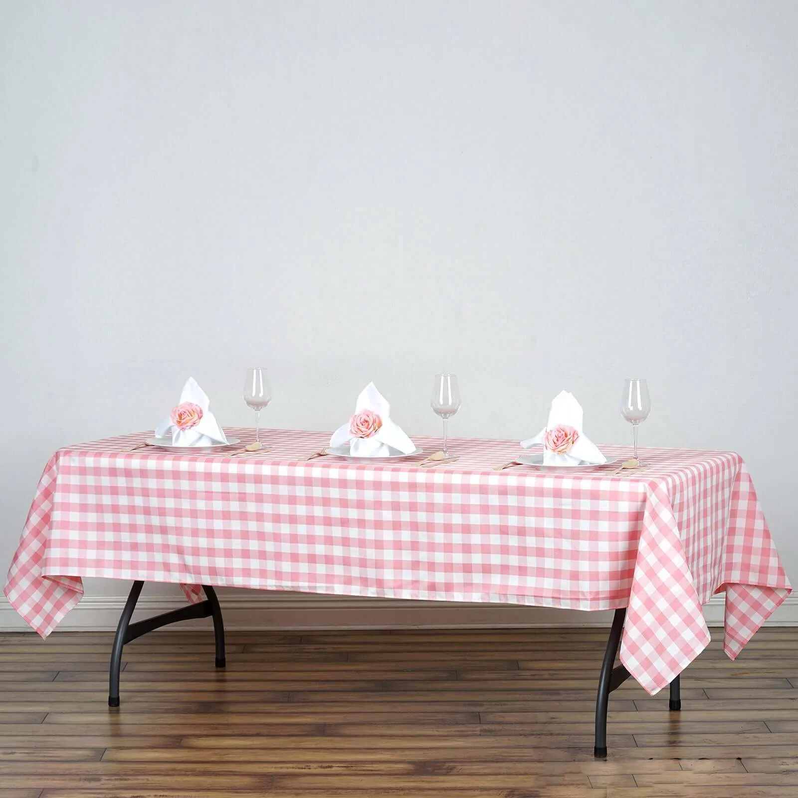 Polyester Rectangle Tablecloth 60"x102" White/Rose Quartz with Checkered Buffalo Plaid Table Cover