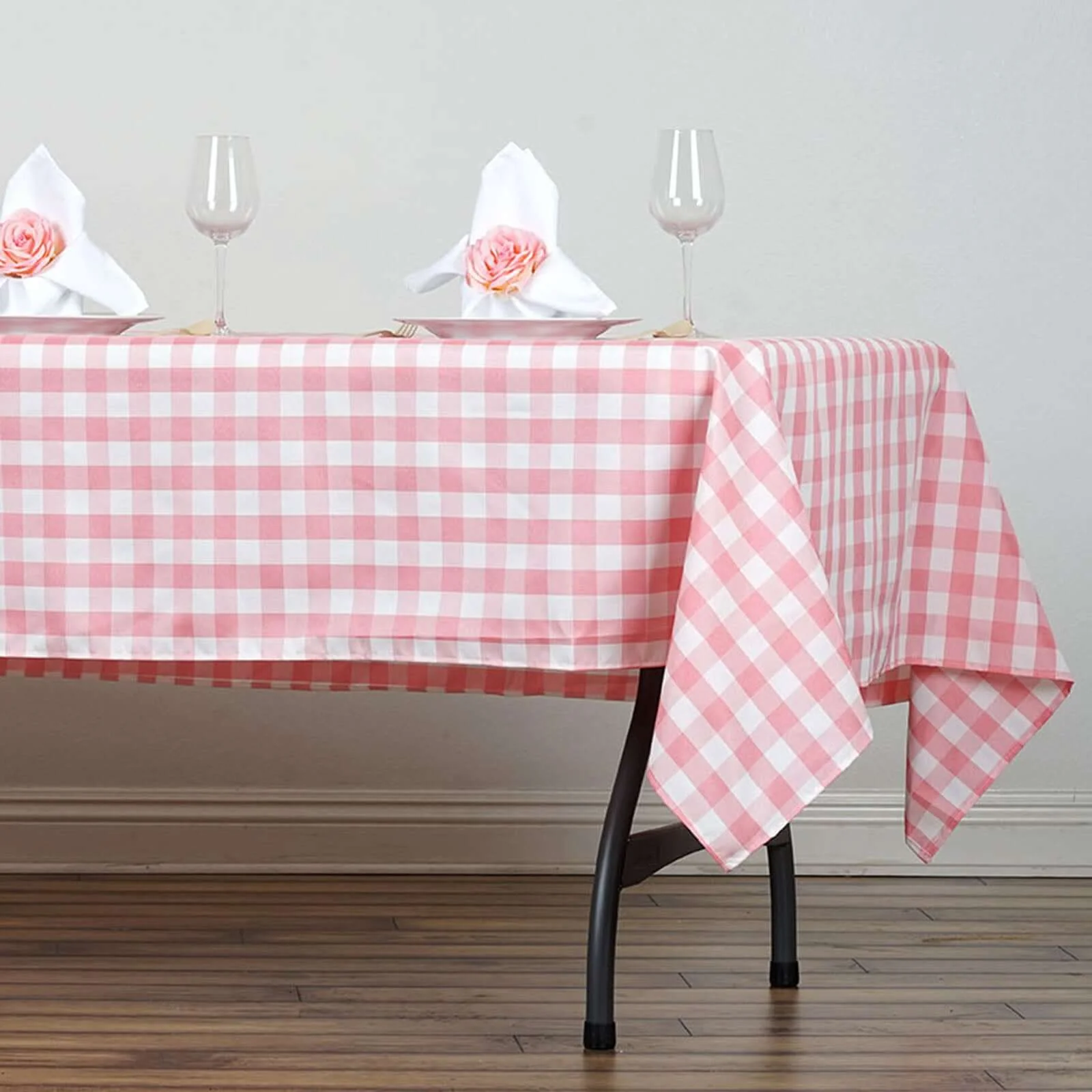 Polyester Rectangle Tablecloth 60"x102" White/Rose Quartz with Checkered Buffalo Plaid Table Cover - Image 2