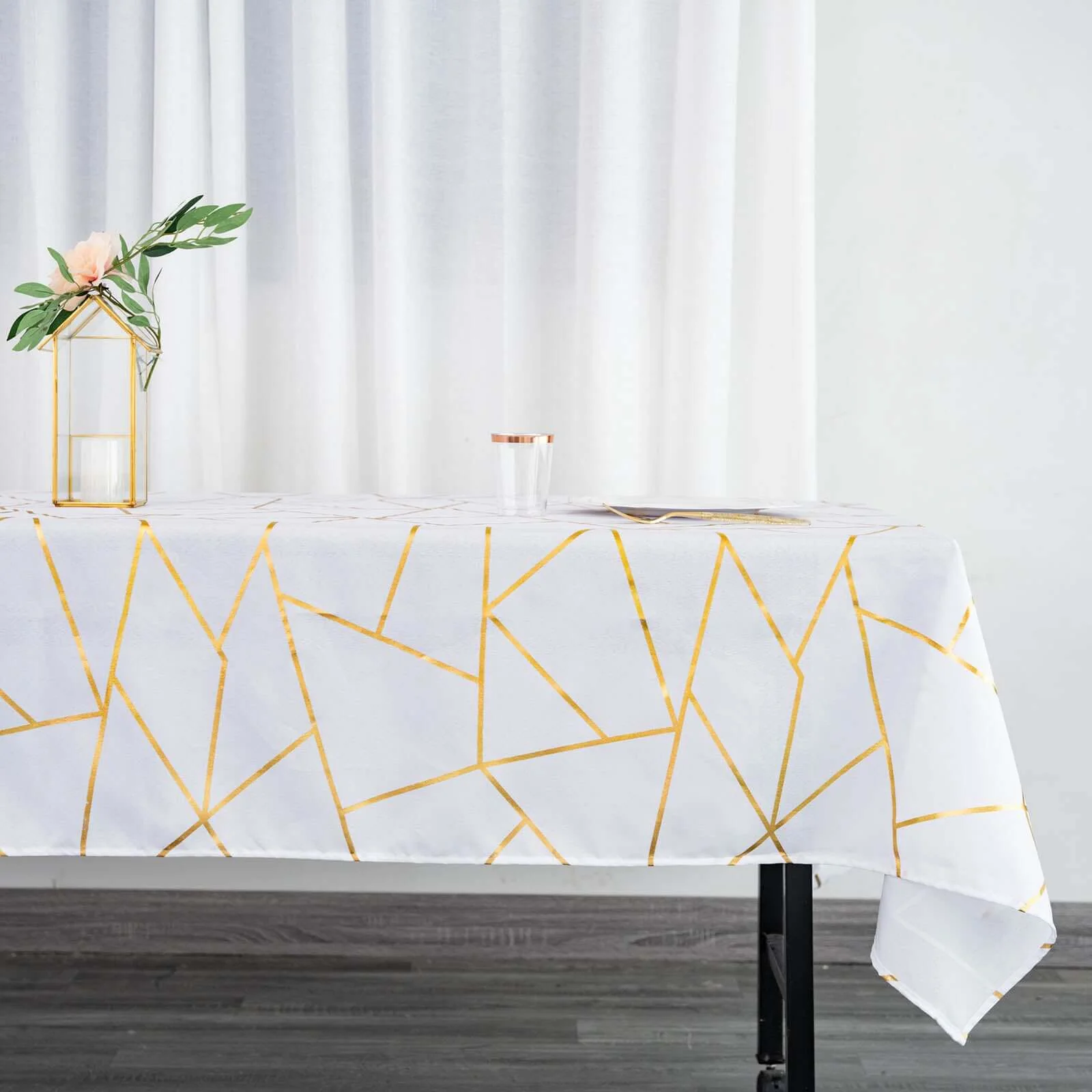 Polyester Rectangle Tablecloth 60"x102" White with Gold Foil Geometric Pattern - Wrinkle-Resistant & Durable Table Cover for Stylish Events - Image 2