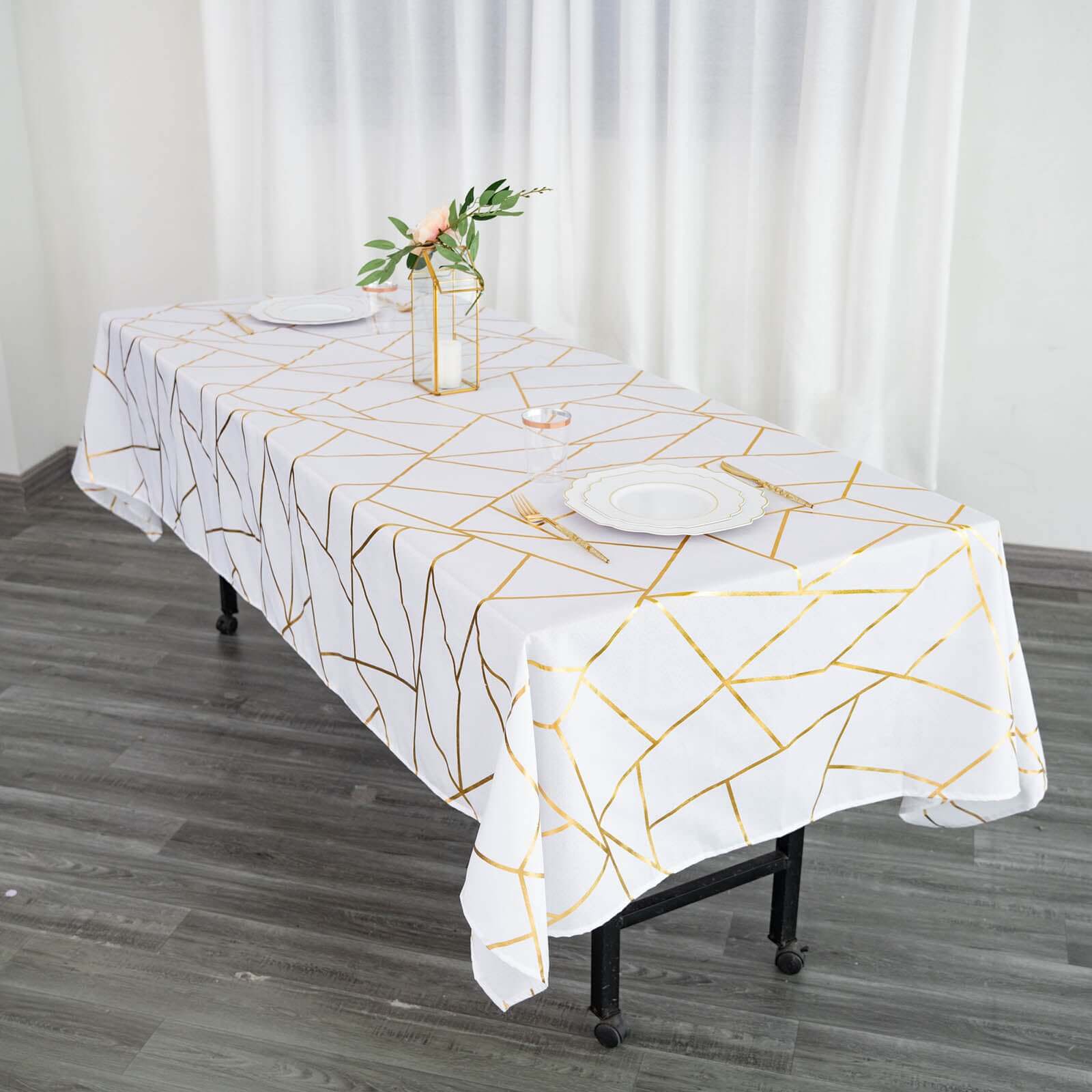 Polyester Rectangle Tablecloth 60"x102" White with Gold Foil Geometric Pattern - Wrinkle-Resistant & Durable Table Cover for Stylish Events - Image 3