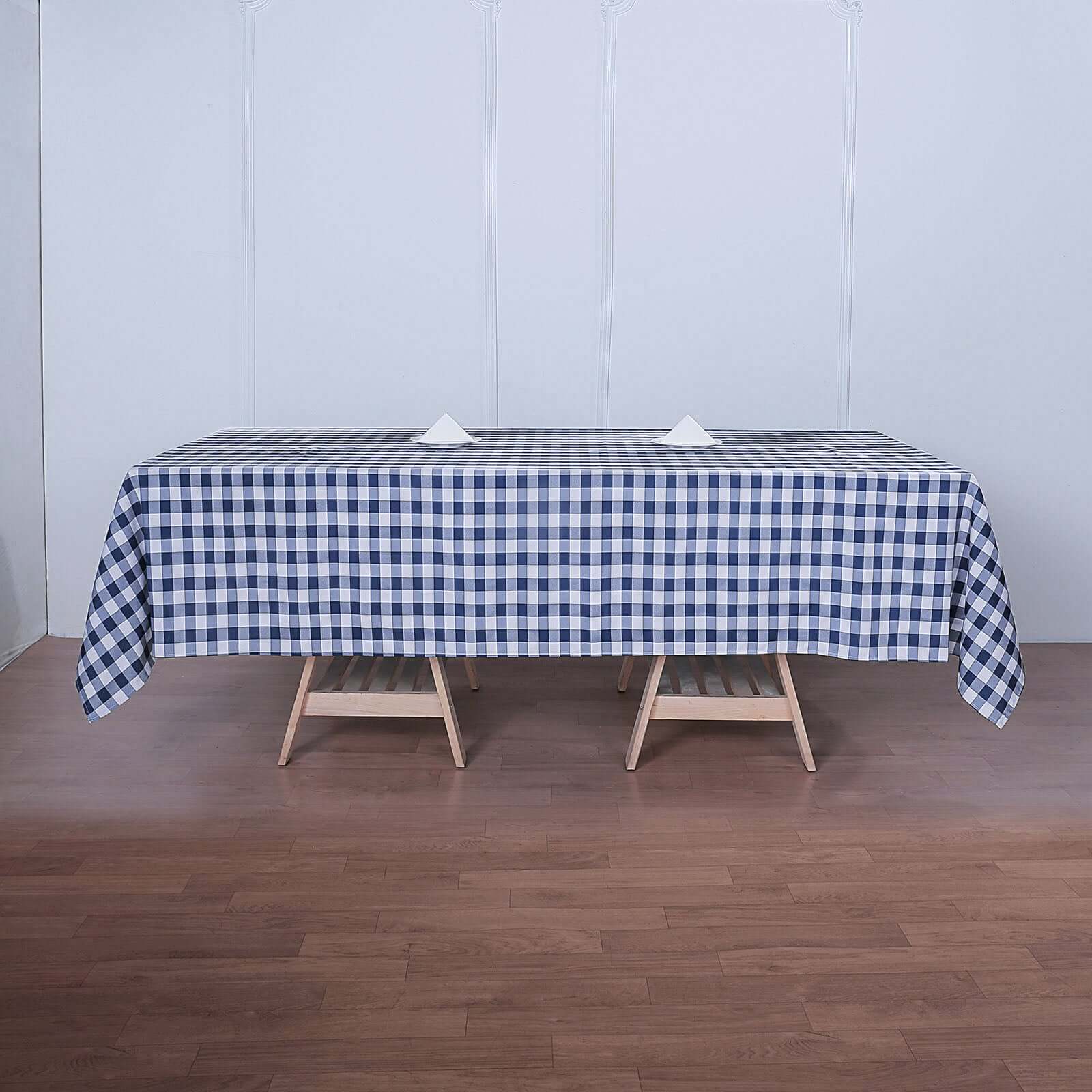 Polyester Rectangle Tablecloth 60"x126" White/Navy Blue Checkered Buffalo Plaid Table Cover - Image 2