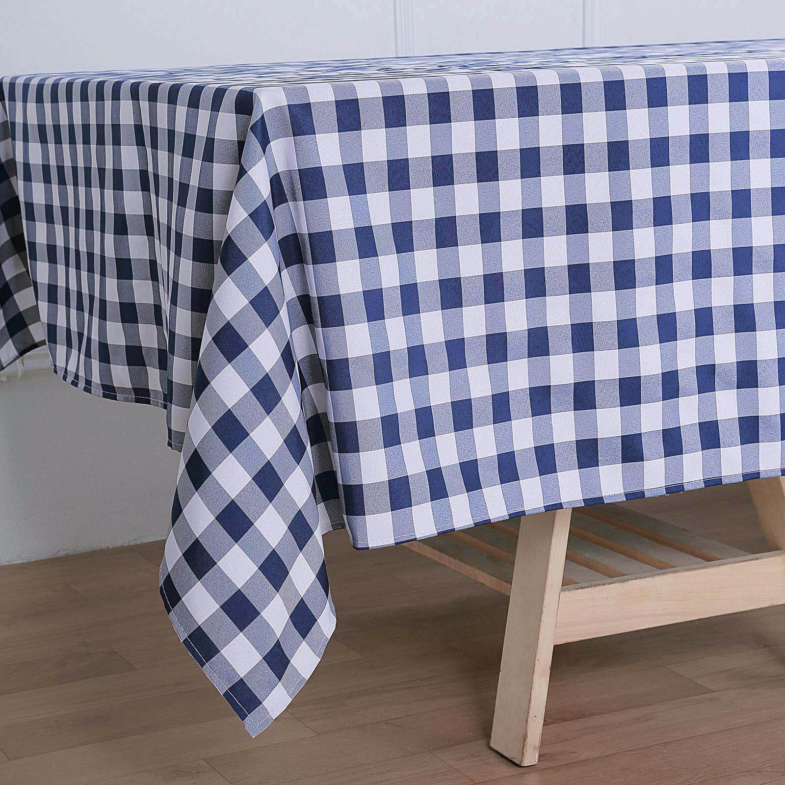 Polyester Rectangle Tablecloth 60"x126" White/Navy Blue Checkered Buffalo Plaid Table Cover - Image 6