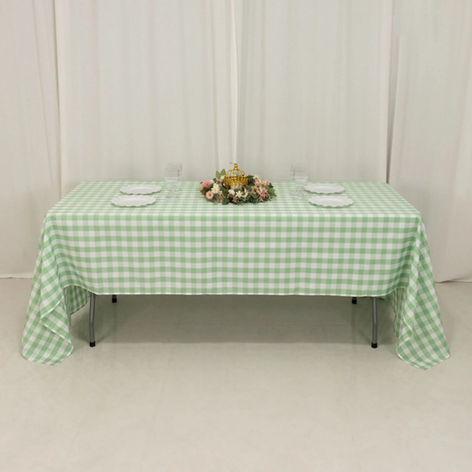 Polyester Rectangle Tablecloth 60"x126" White/Sage Green Checkered Buffalo Plaid Table Cover - Image 7