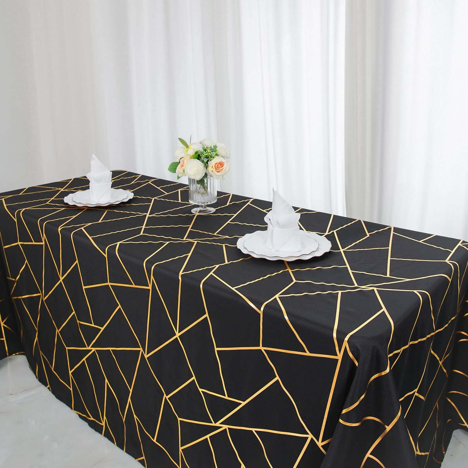 Polyester Rectangle Tablecloth 90"x132" Black with Gold Foil Geometric Pattern - Seamless and Wrinkle-Resistant Table Cover for Sophisticated Weddings & Events - Image 2
