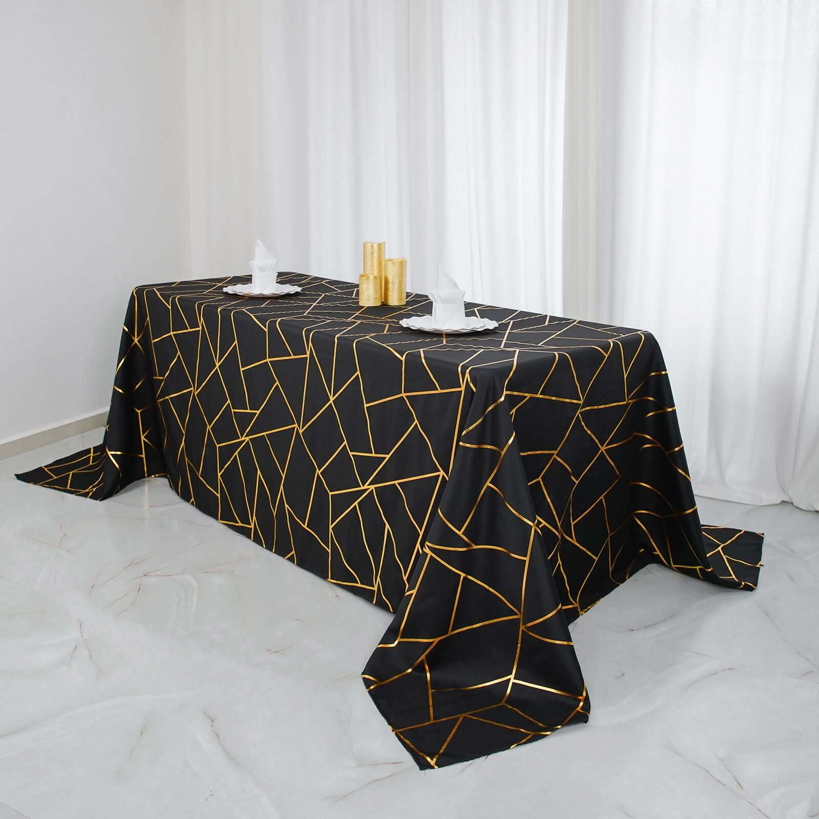 Polyester Rectangle Tablecloth 90"x132" Black with Gold Foil Geometric Pattern - Seamless and Wrinkle-Resistant Table Cover for Sophisticated Weddings & Events - Image 3