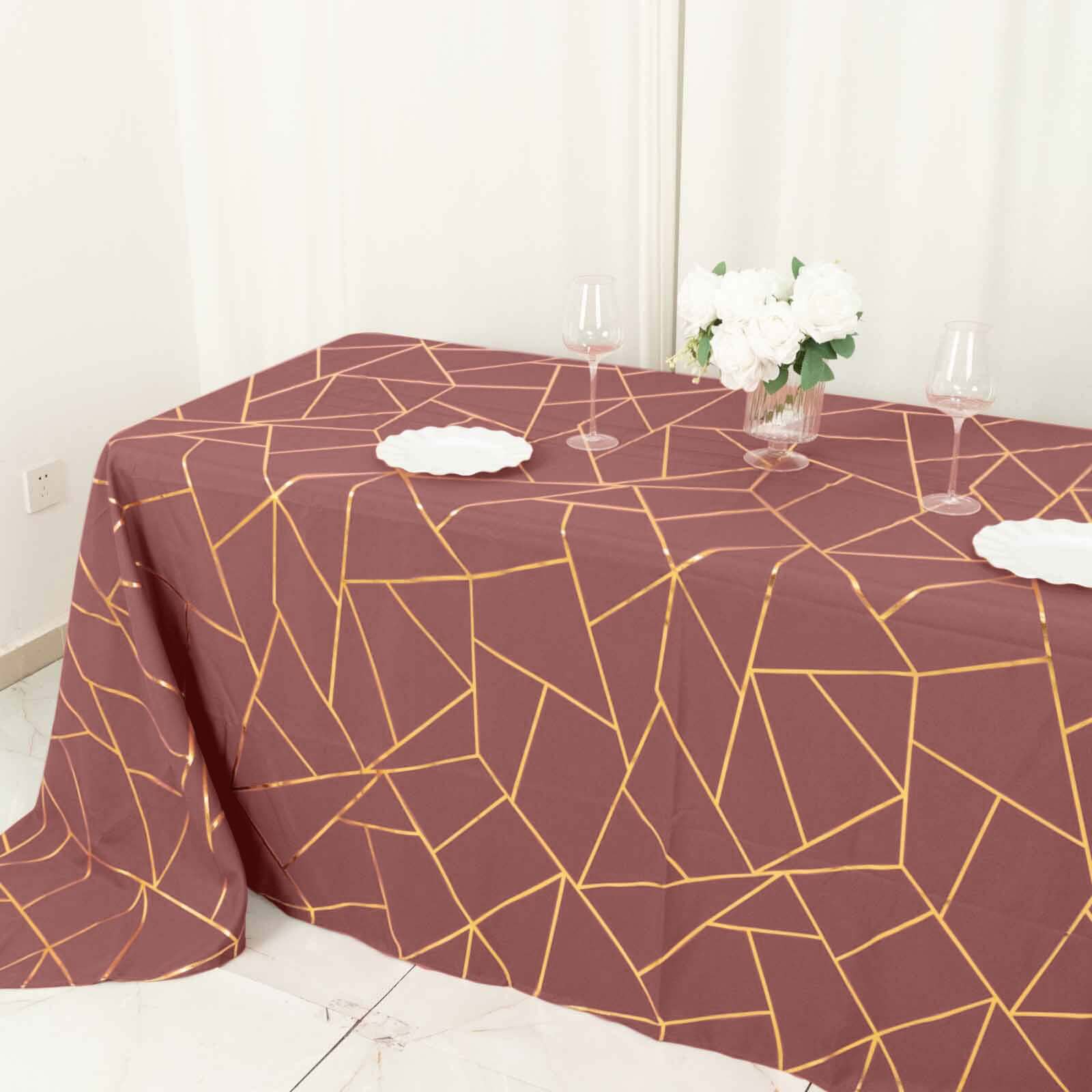 Polyester Rectangle Tablecloth 90"x132" Cinnamon Rose with Gold Foil Geometric Pattern - Seamless & Wrinkle-Resistant Table Cover - Image 15