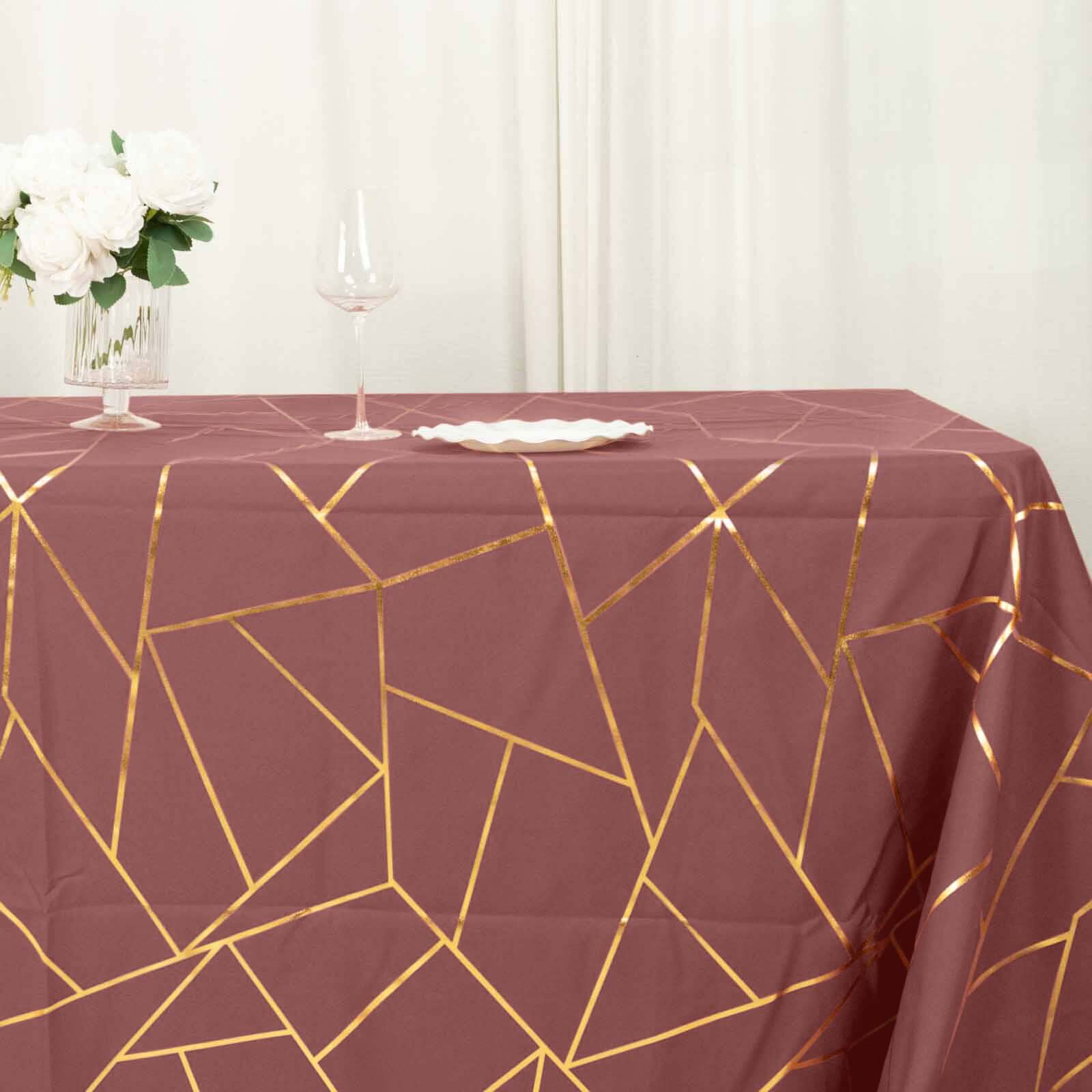 Polyester Rectangle Tablecloth 90"x132" Cinnamon Rose with Gold Foil Geometric Pattern - Seamless & Wrinkle-Resistant Table Cover - Image 2