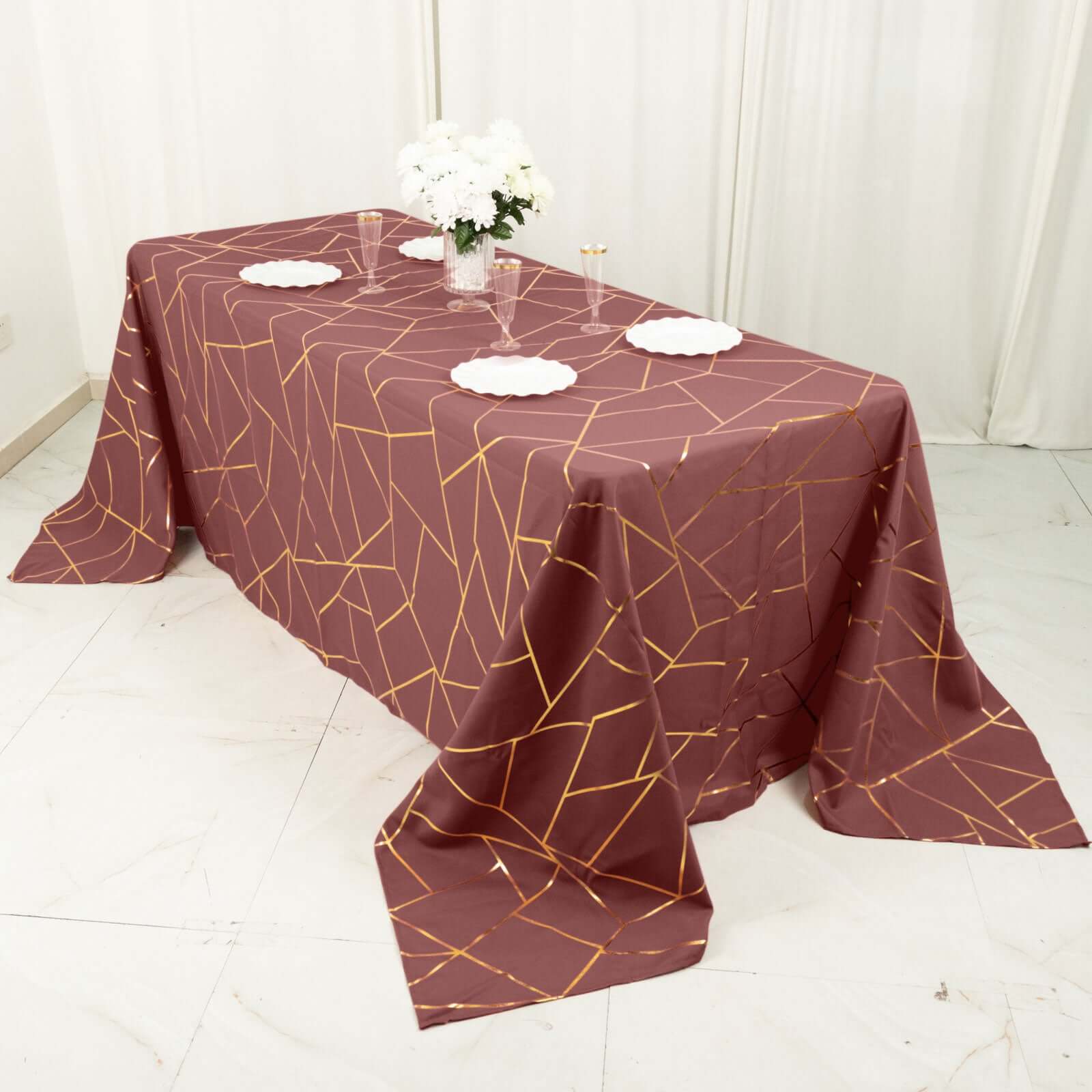 Polyester Rectangle Tablecloth 90"x132" Cinnamon Rose with Gold Foil Geometric Pattern - Seamless & Wrinkle-Resistant Table Cover - Image 3